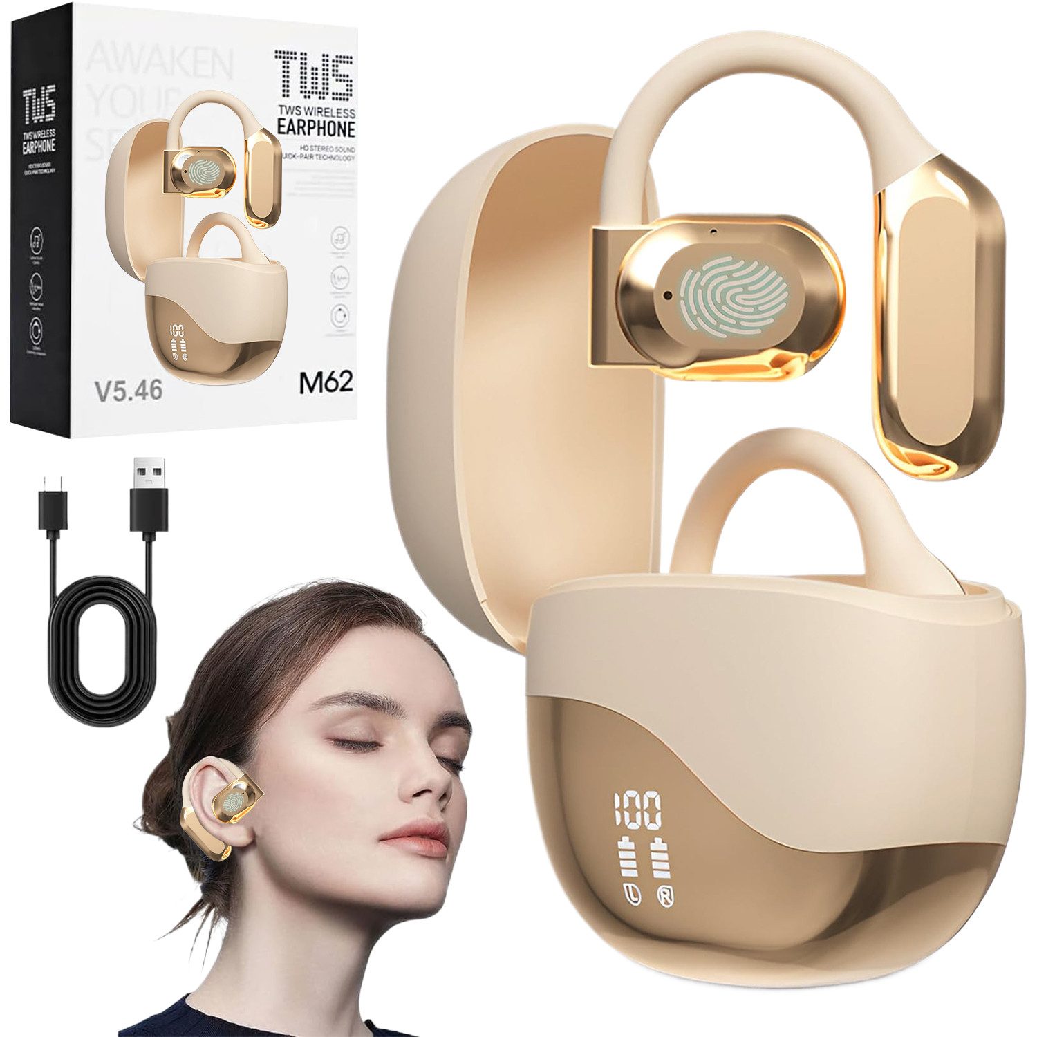 MOPUEA Bluetooth Kopfhörer Übersetzungs Kopfhörer Open-Ear-Kopfhörer Open-Ear-Kopfhörer (Clip-on Sport-Kopfhörer, Bluetooth 5.4, Offenes Ohrclip-Design, Echtzeit-Übersetzung in 144 Sprachen, Ohrhörer Übersetzergerät für Übung, Büro, Alltag, Arbeit, Reisen