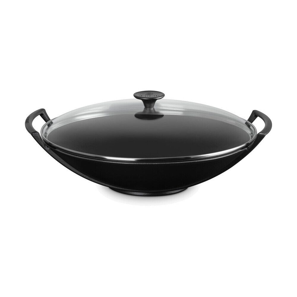 LE CREUSET Wok Wok mit Glasdeckel 36 cm Schwarz, 4,5l, Gusseisen, emailliert, schwarz, Handreinigung, backofengeeignet