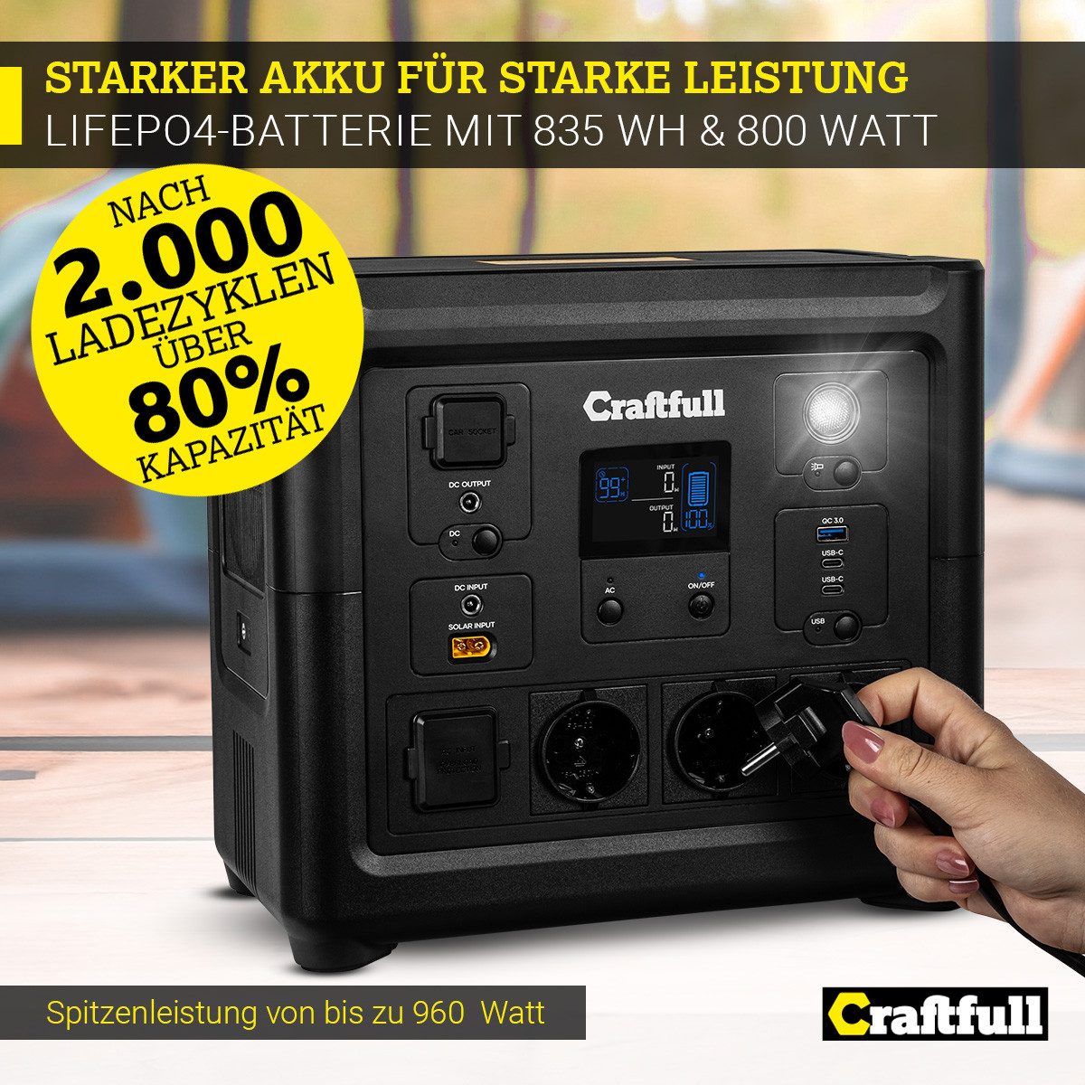 Craftfull Powerstation Stromgenerator Fast Charge PS800 3 J. Garantie Powerstation Stromerzeuger Powerbank inkl. intelligentes Batteriemanagementsystem - Schnelllade-Powerstation 43500 mAh (230 V, 1 St), Tragbarer Akku - mobile Stromversorgung - Camping