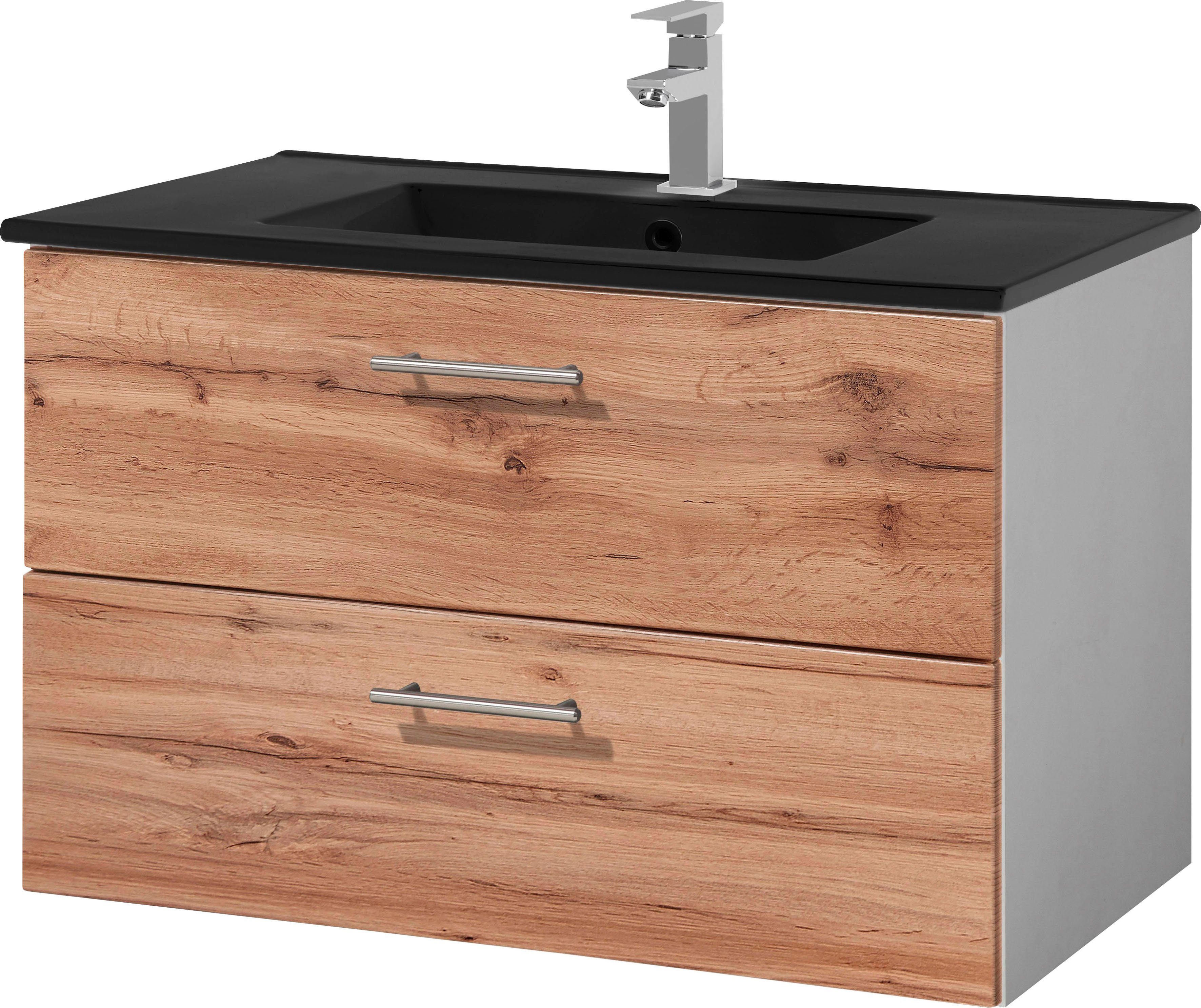 welltime Waschtisch Trento Badezimmerschrank mit Becken Bestseller, Badmöbel in Breite 80 cm, Waschplatz mit 2 Schubladen, Badschrank