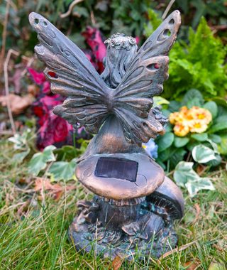 Kremers Schatzkiste Gartenfigur Edle Elfe mit Solar Blumenstrauß Figur Gartenfigur 30cm Fee Fairy LED