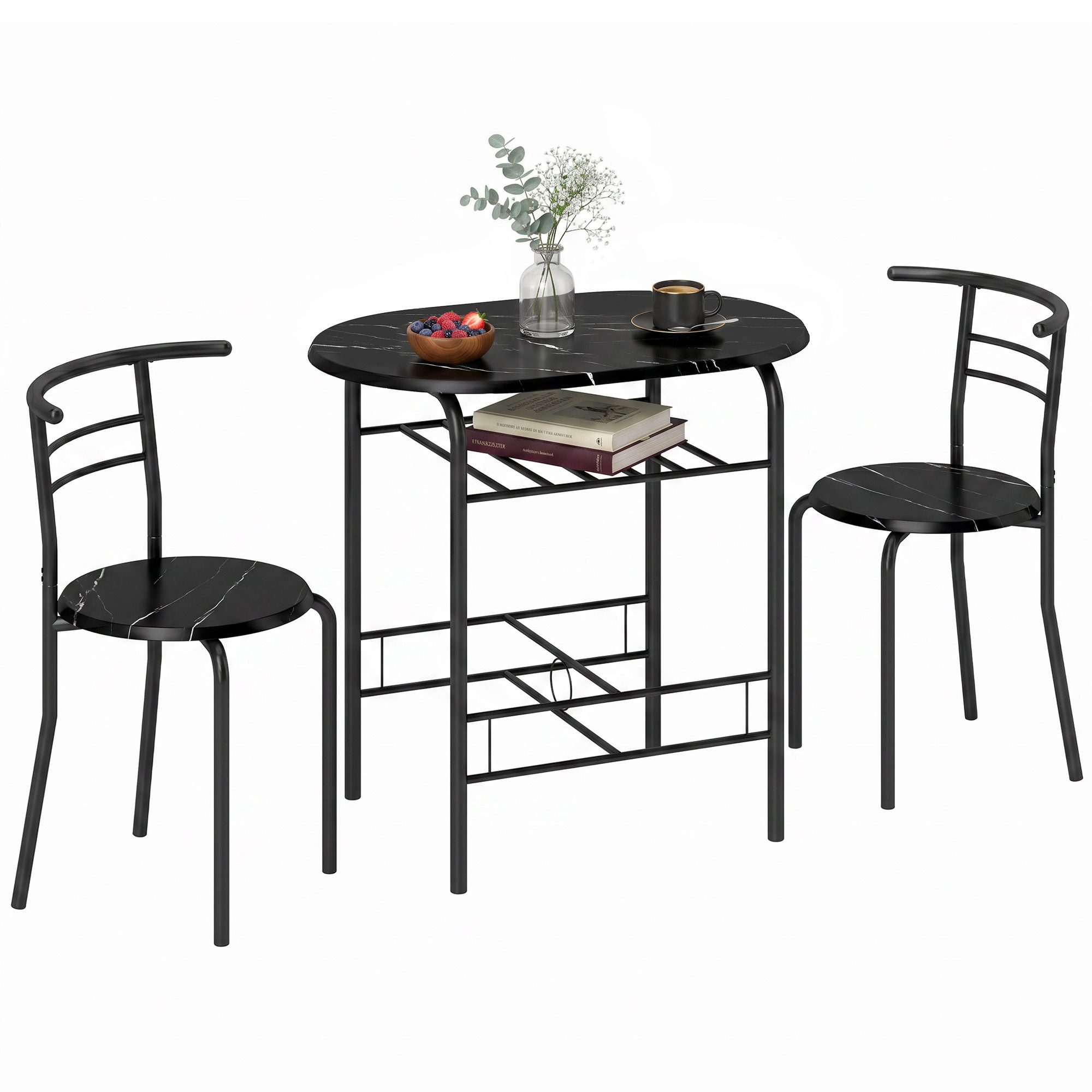 HOMCOM Essgruppe Sitzgruppe Küchentisch mit Metallgestell, Ablageregal, Marmor-Optik, (Set, 3-tlg), Tisch mit Regalablage, platzsparende Stühle – Bild 2 von 5