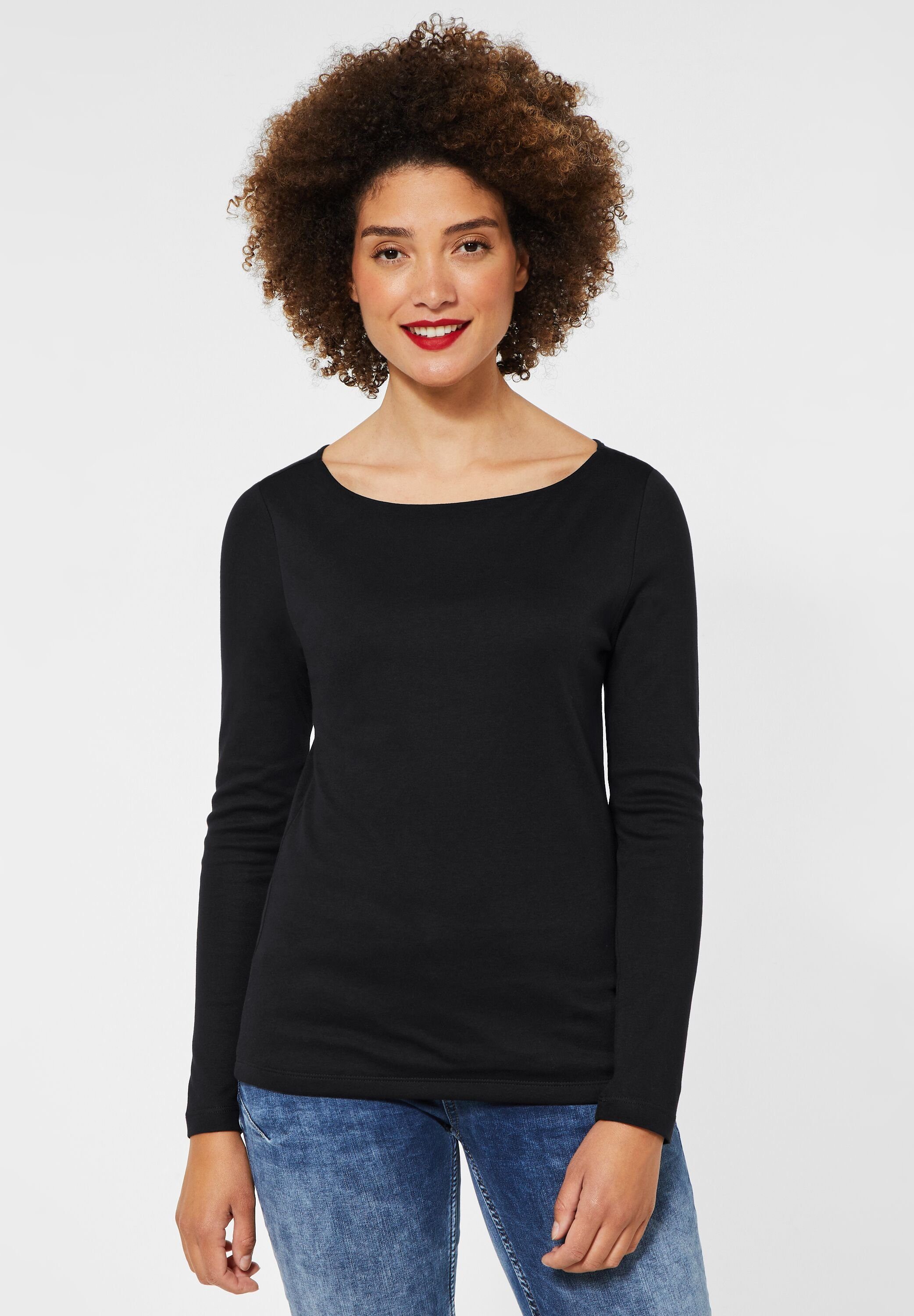 STREET ONE (1-tlg) in Körpernah Langarmshirt One mit Ausschnitt U-Boot Black Shirt Street geschnitten