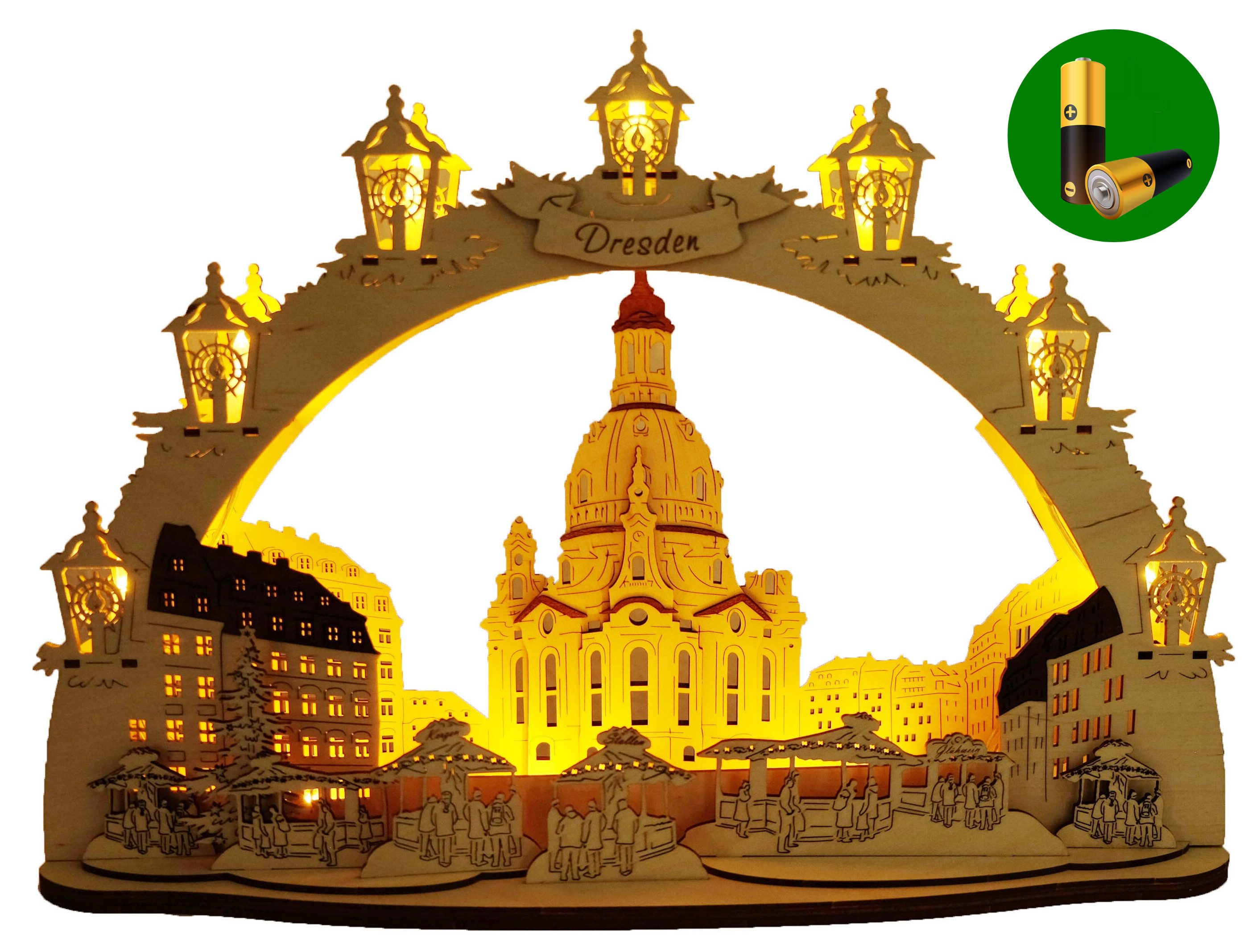 DeColibri LED Schwibbogen 3D LED Schwibbogen Dresdner Frauenkirche Dresden - Batteriebetrieben, Holzkunst aus Sachsen