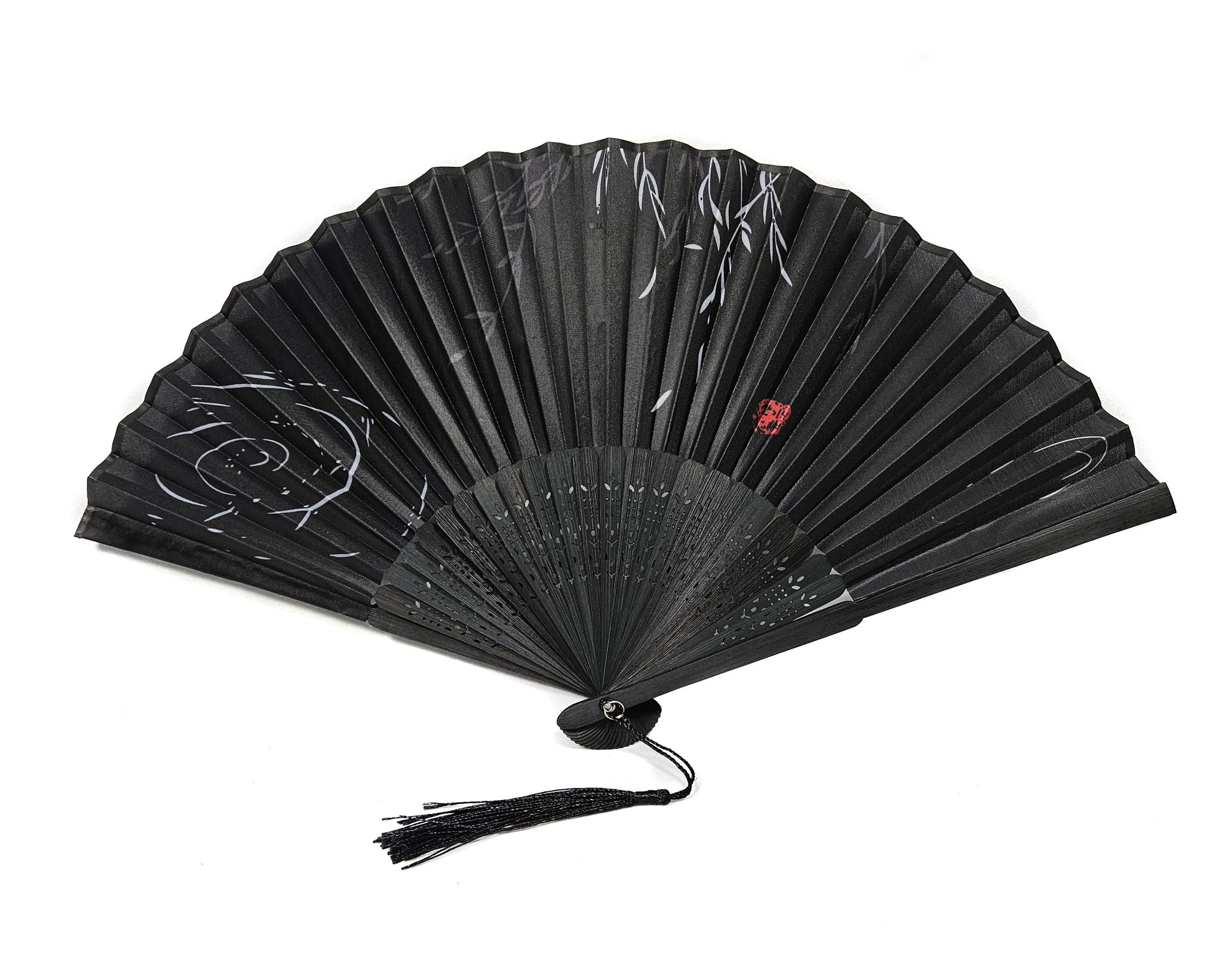 Yudu Handfächer Fächer aus Stoff &Holz mit Kordel und schönen Motiven schwarz