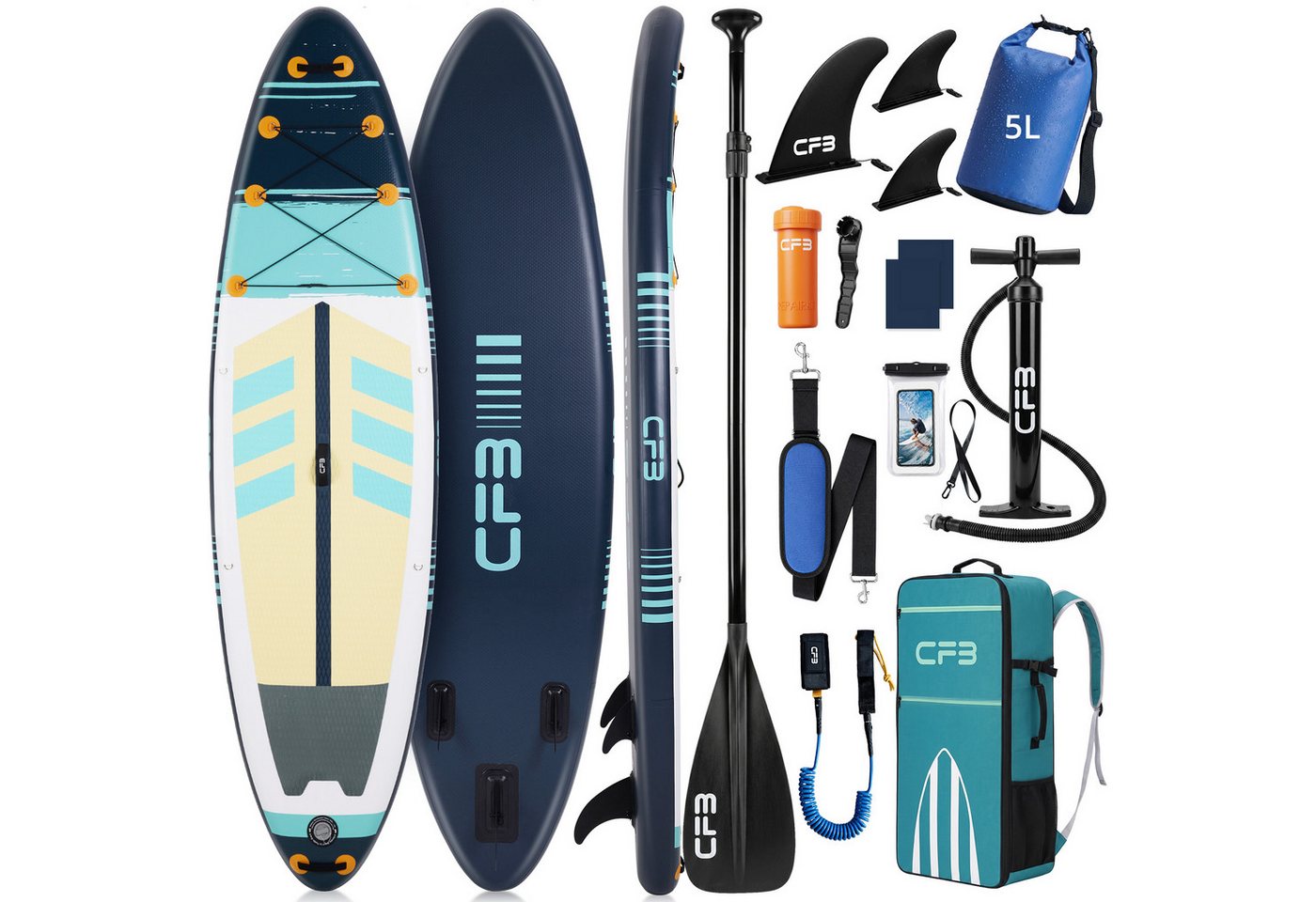 CFB SUP-Board Set 320/335 cm, extra breit, Komplettset, aufblasbares Stand Up Paddle Board, (mit Paddel, Pumpe, Rucksack, 5L Dry Bag und Schultergurt)