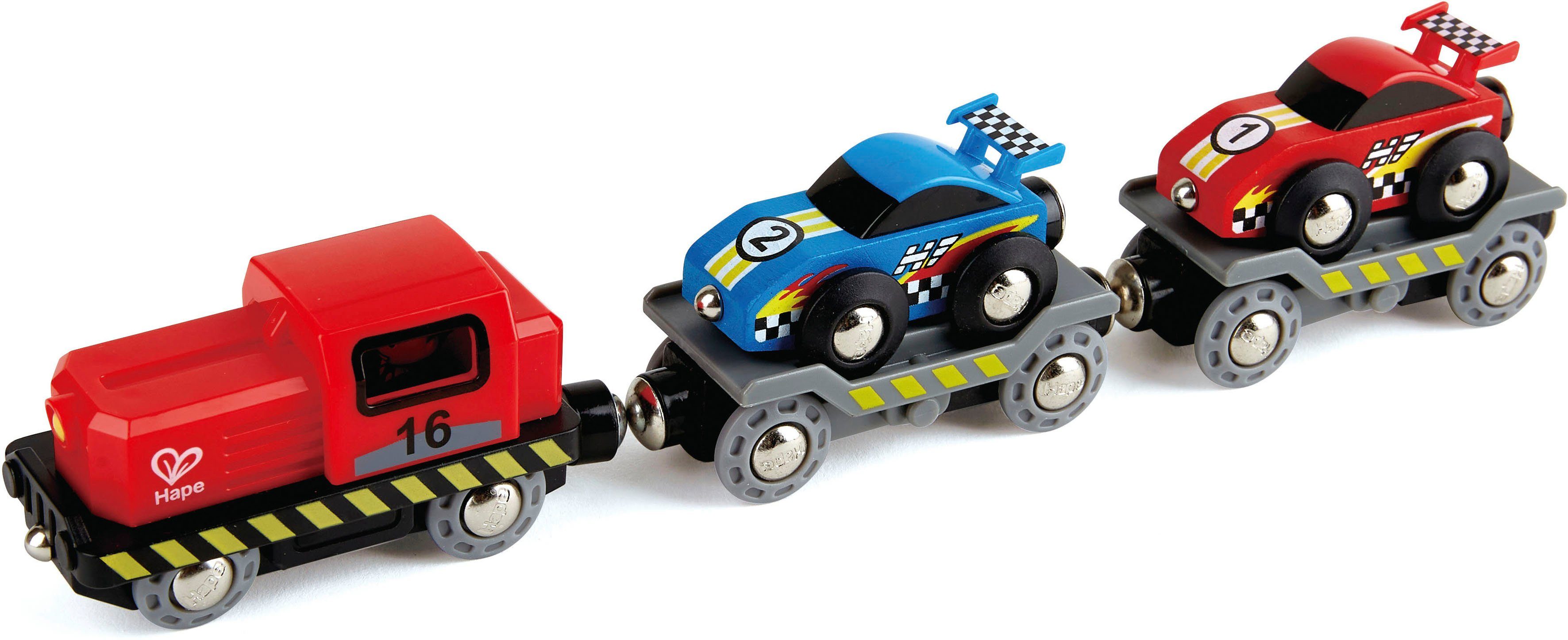 Hape Spielzeug-Eisenbahn Rennwagen-Transporter, FSC®- schützt Wald - weltweit