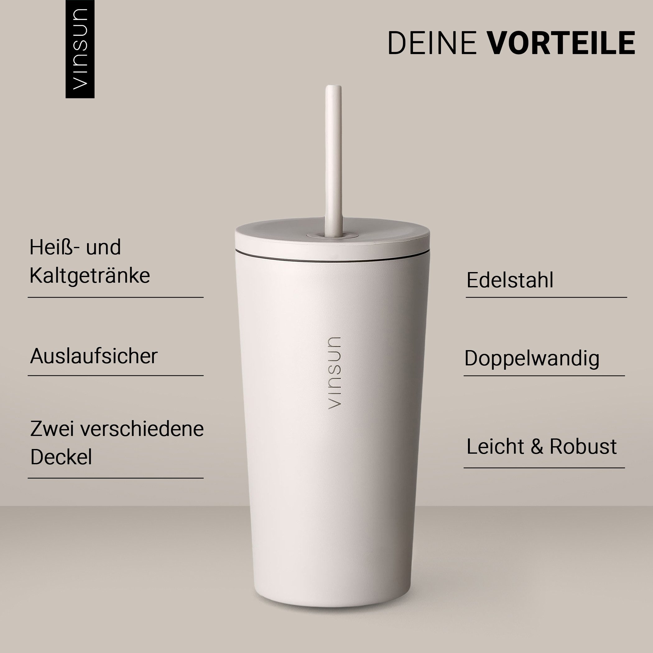Vinsun Thermobecher Edelstahl Becher mit Strohhalm 480ml - Isolierbecher auslaufsicher, 4-tlg., Edelstahl, Doppelwandig isoliert, BPA frei, bruchfest, Kalt- und Heißgetränke
