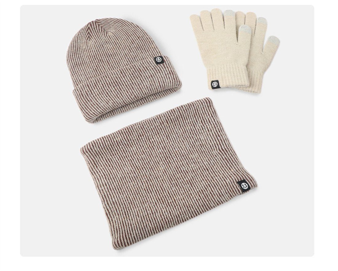 Strickmütze wattierte Mütze DÖRÖY Warmes Schal khaki + 3tlg. + Unisex-Winterset, Handschuhe