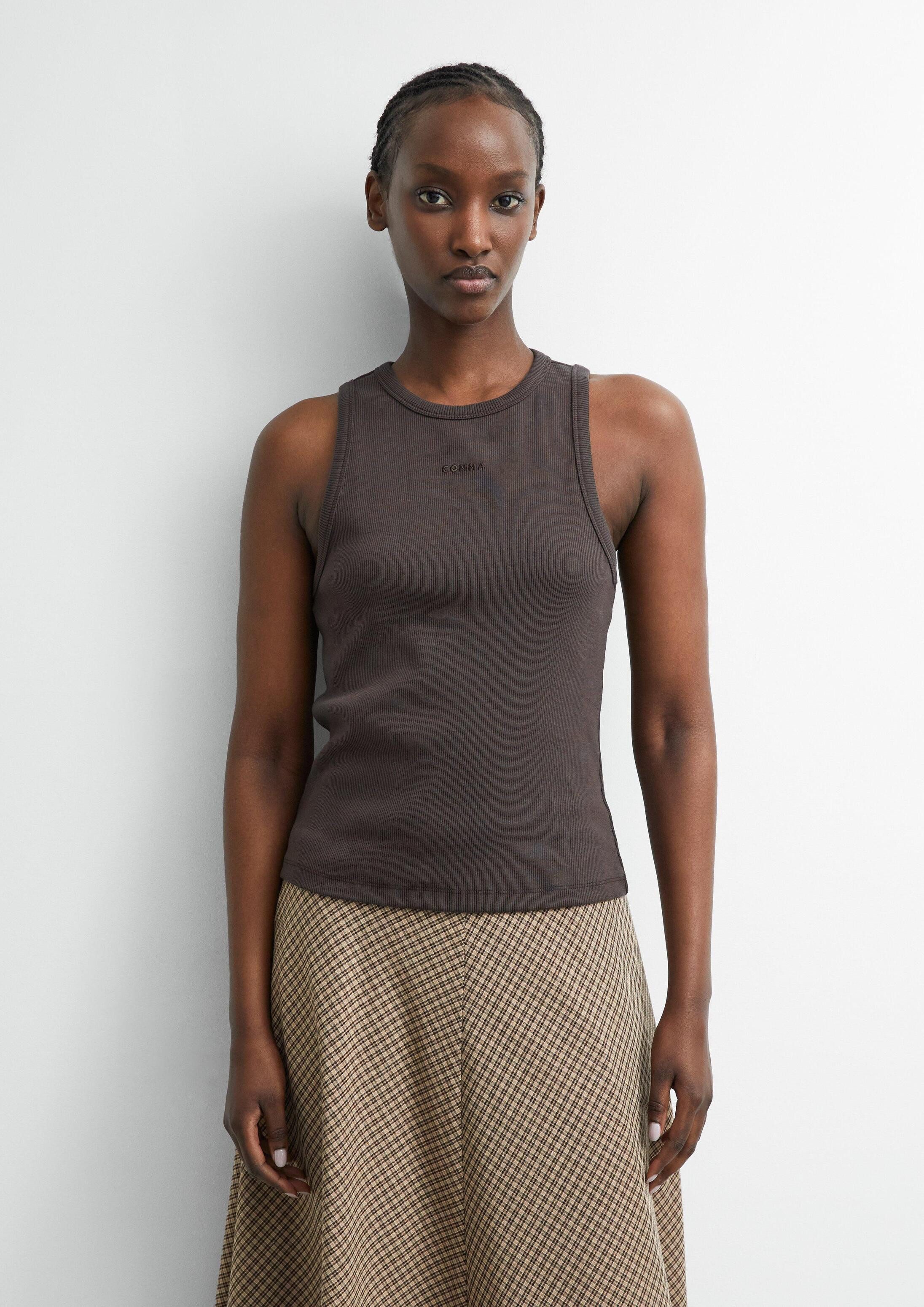 comma Muskelshirt T-Shirt Geripptes Tanktop mit Logostickerei