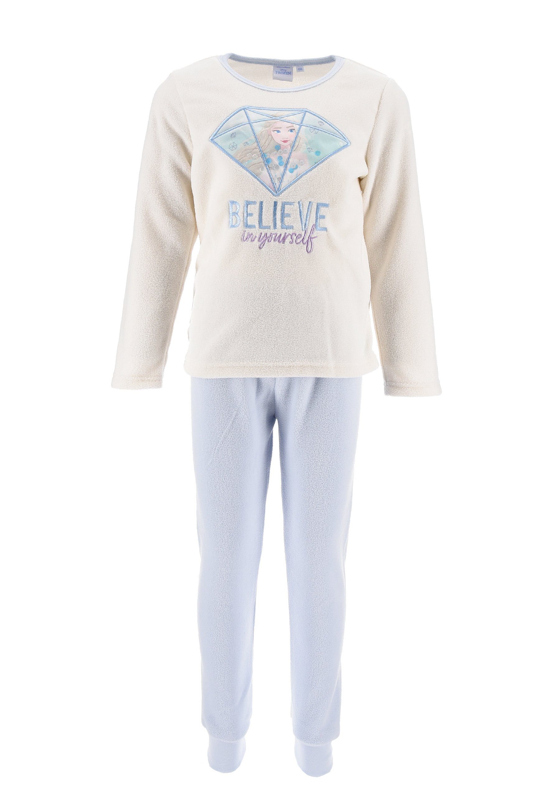 Disney Frozen Schlafanzug Eiskönigin Anna & Elsa Kinder Mädchen Schlafanzug Pyjama Langarm Shirt + Schlaf-Hose (2 tlg) Weiß