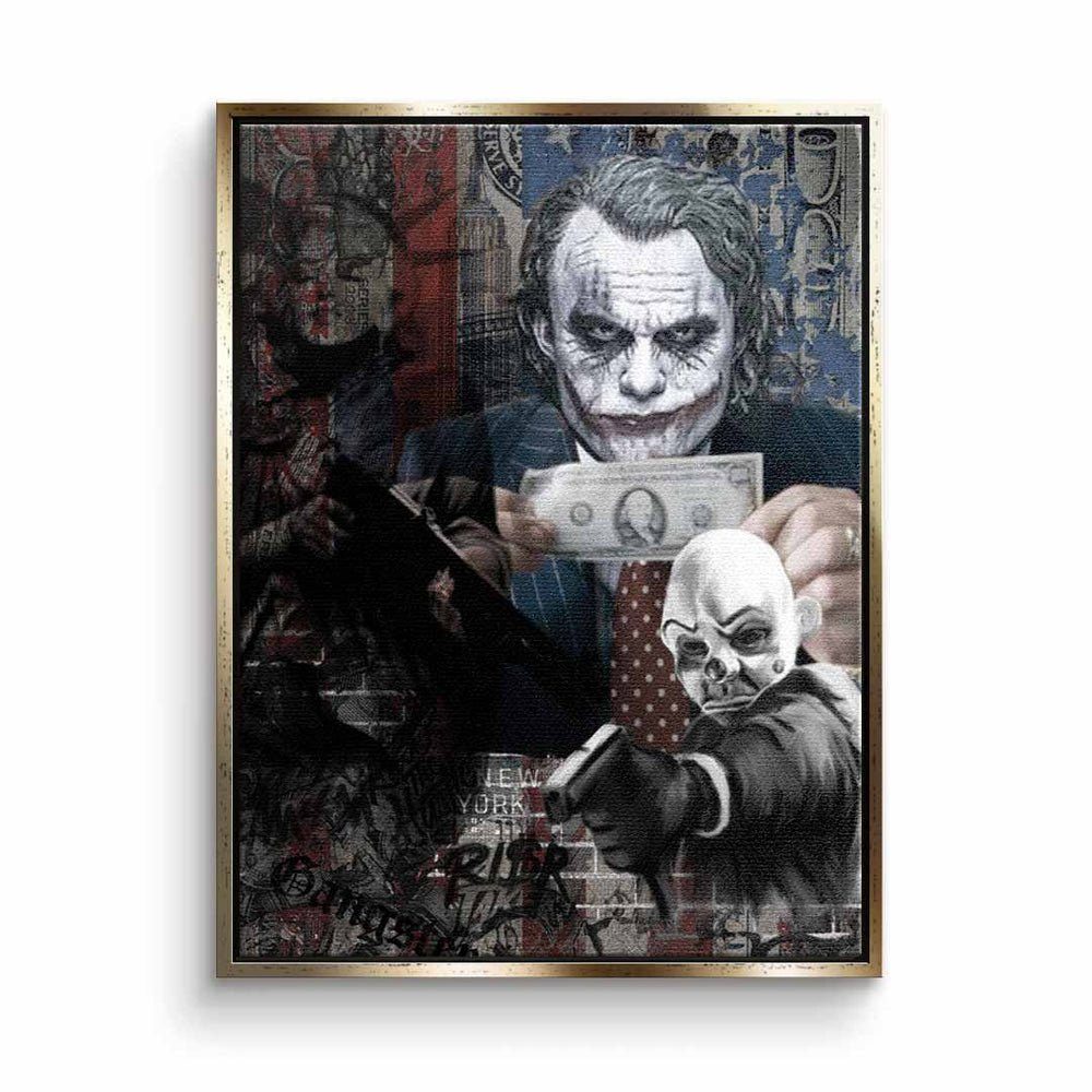 DOTCOMCANVAS® Leinwandbild, Leinwandbild Serious Money Joker Geld Pop Art Motiv mit premium Rahmen goldener Rahmen
