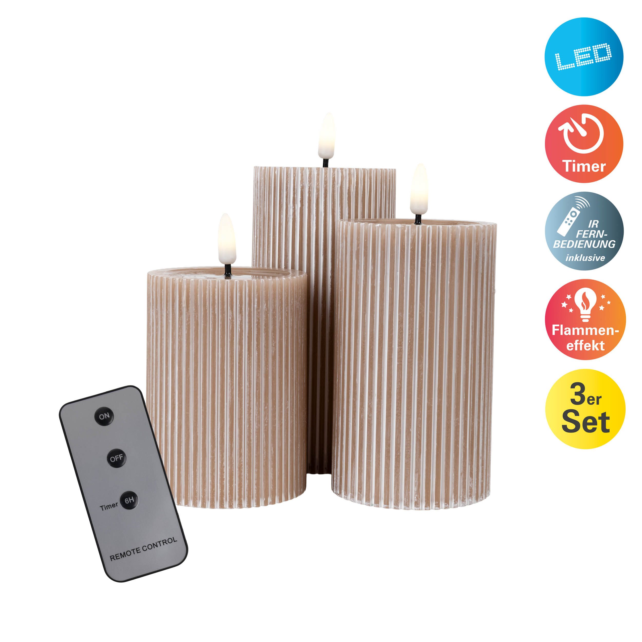 näve LED Dekolicht Nuria, Timerfunktion, LED fest integriert, Warmweiß, 3er-Set LED Kerzen warmweiß, Echtwachs, Timer, Flammeneffekt