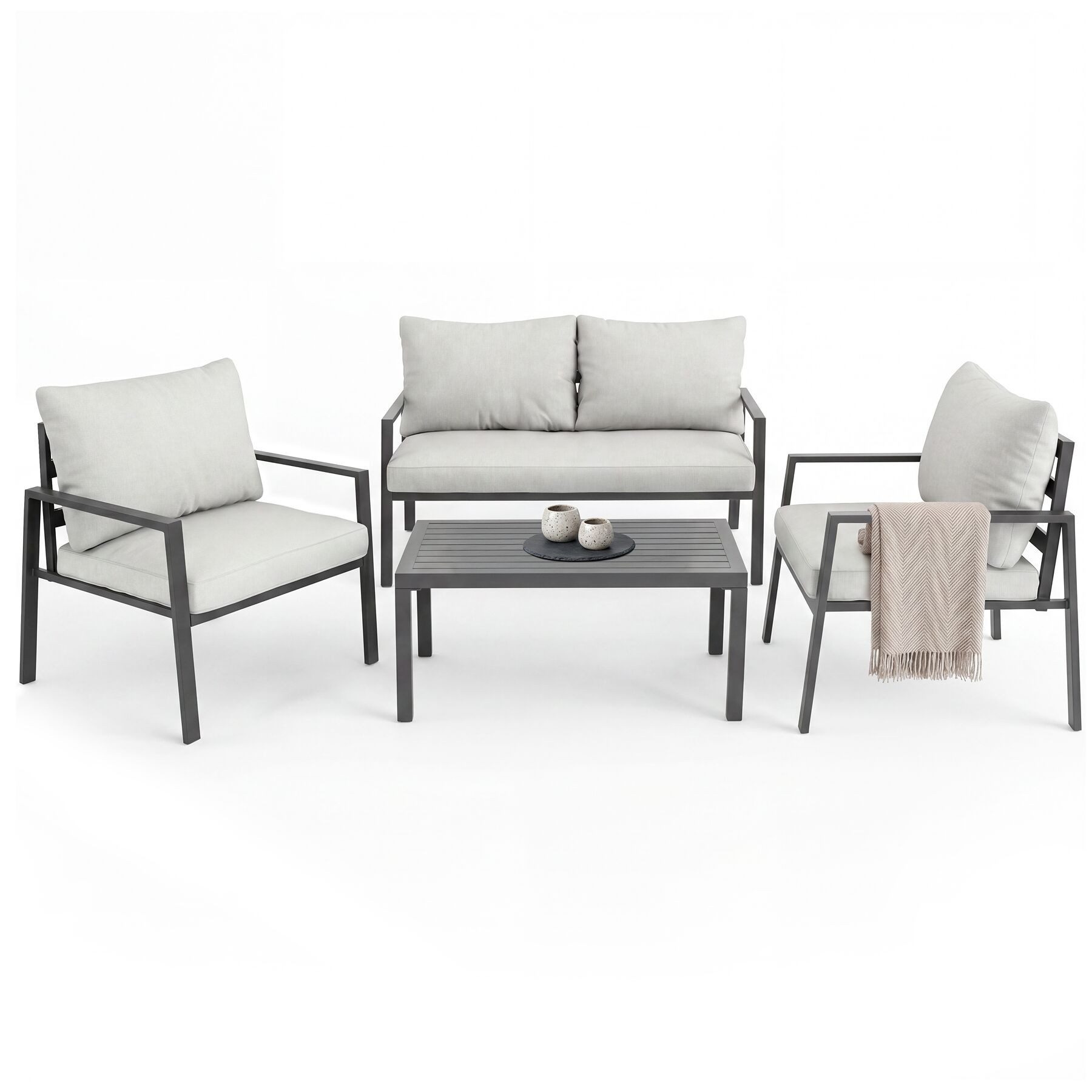 tectake Essgruppe Aluminium Sitzgruppe, Tisch mit Lamellenmuster, pflegeleichte Bezüge, (Gartentisch Göteborg, 4-tlg., in hellgrau), wetterfest, Dicke Sitzpolster, bodenschonende Kunststoffkappen
