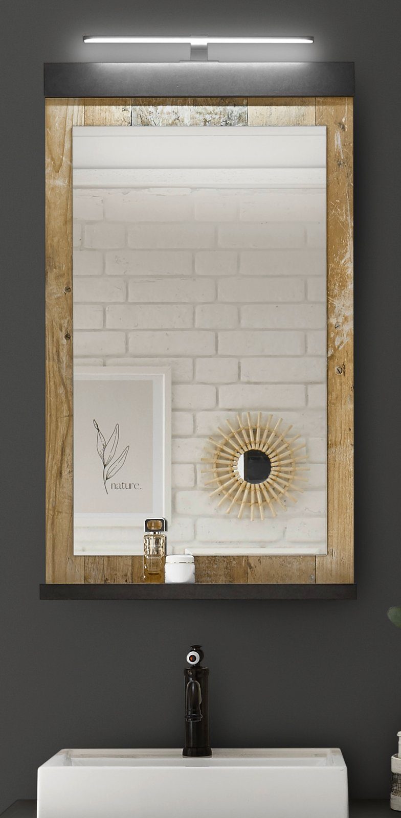 66 Furn.Design Badspiegel 95 (Wandspiegel x Ablage mit Beleuchtung Wood), wahlweise Stove cm, LED Used mit