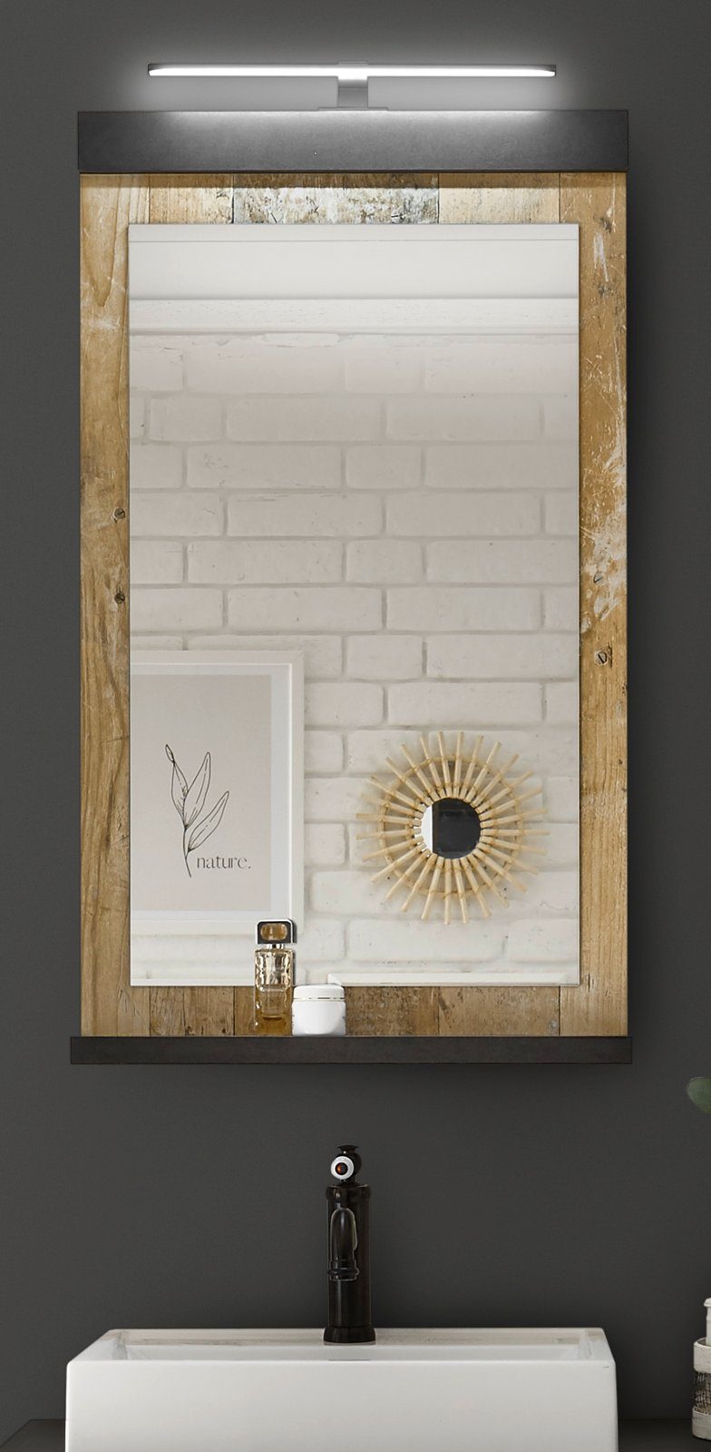 Furn.Design Badspiegel Stove (Wandspiegel mit Ablage 66 x 95 cm, Used Wood), wahlweise mit LED Beleuchtung