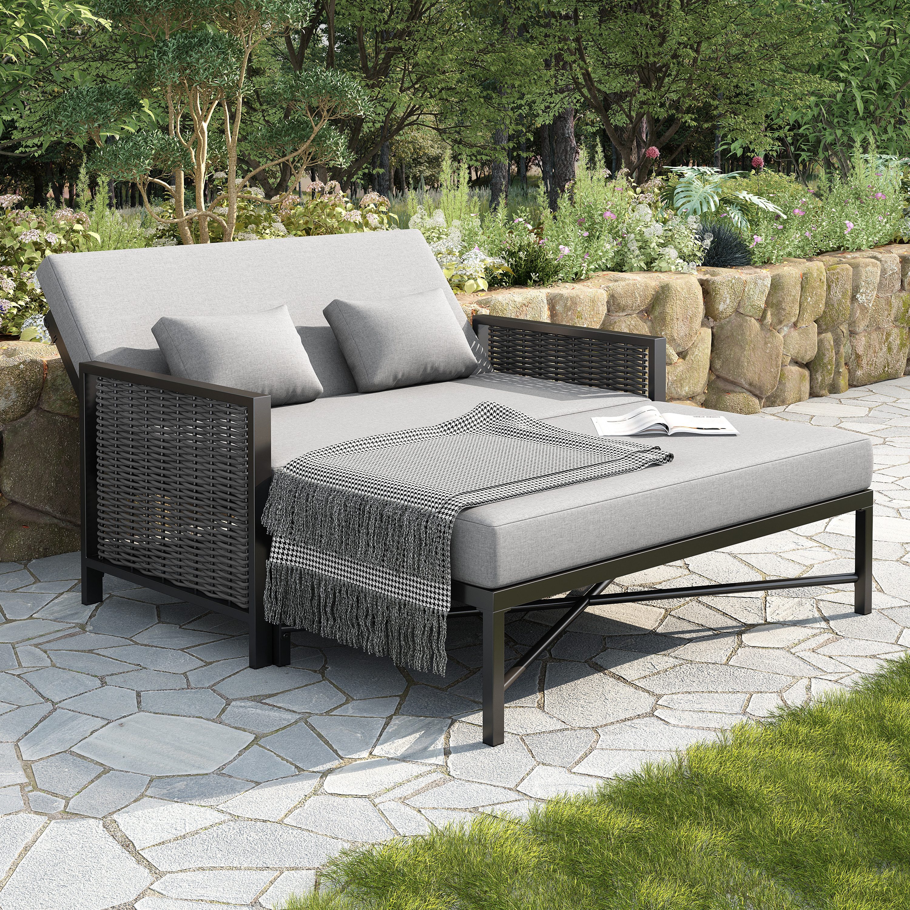 KLAM HOME Gartenlounge-Set Gartenmöbel-Set Gartensofa für 2 Personen mit verstellbare Rückenlehne, (Freizeitsofa, Outdoor-Liegebett, mit versenkbare Fußstütze, grau), Perfekt für Garten, Balkon, Terrasse oder Patio