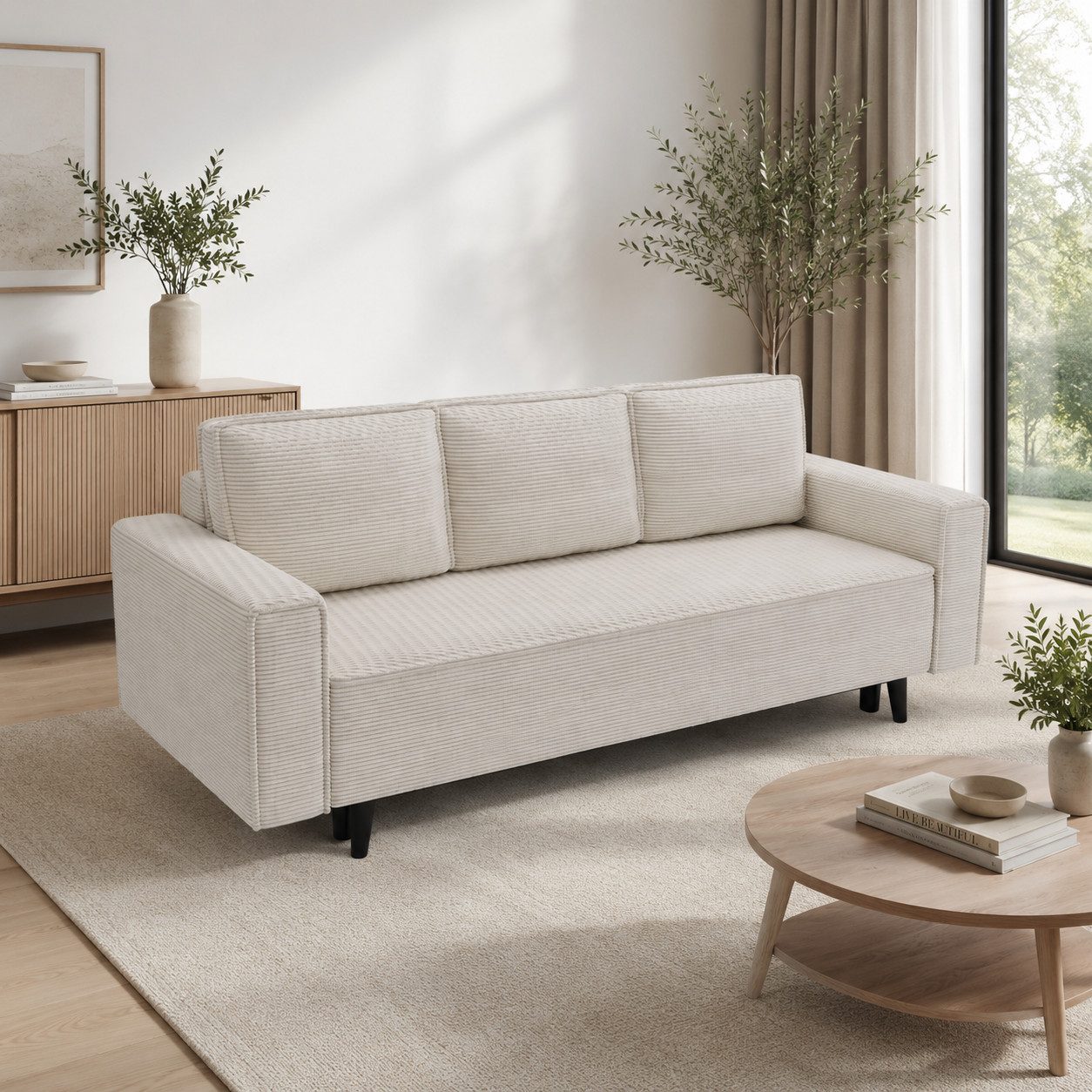 Goldstoff Schlafsofa Cordstoff - LUX 225 cm - Sofa mit schlaffunktion und Bettkasten, Einzelsofa / Couch mit Schlaffunktion - Liegefläche 200 × 124 cm – Bild 2 von 5