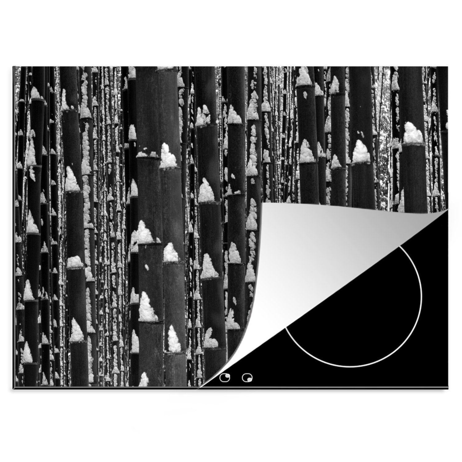 MuchoWow Herdblende-/Abdeckplatte Bambuswald im Winter - schwarz und weiß, Vinyl, (1 tlg), 70x52 cm, Mobile Arbeitsfläche nutzbar, Ceranfeldabdeckung