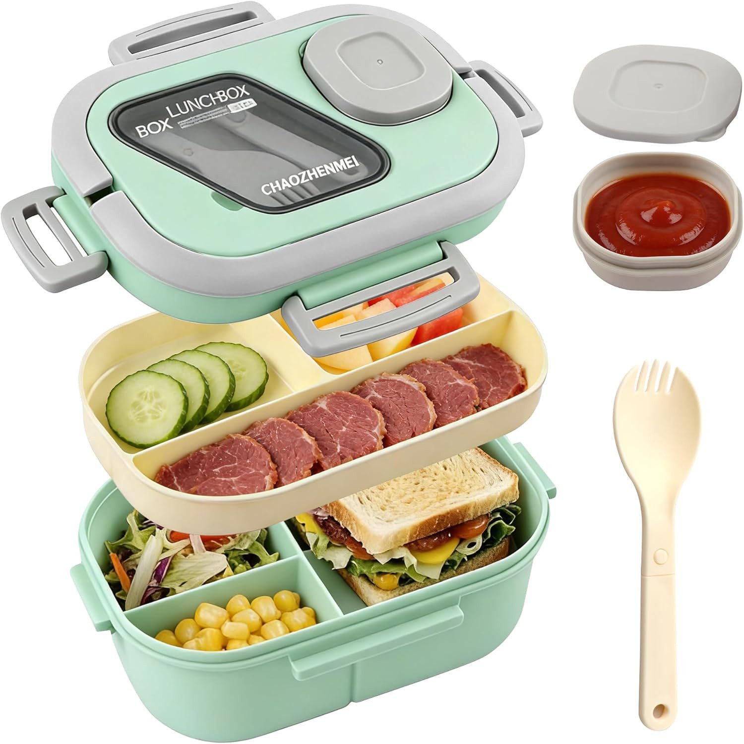 nsihing Lunchbox Große Bento Box mit 2 Fächern und Besteck, (Brotdose Lunchbox Erwachsene und Büro 1200ml, Auslaufsichere), für Schule Arbeit Männer Frauen und Kinder