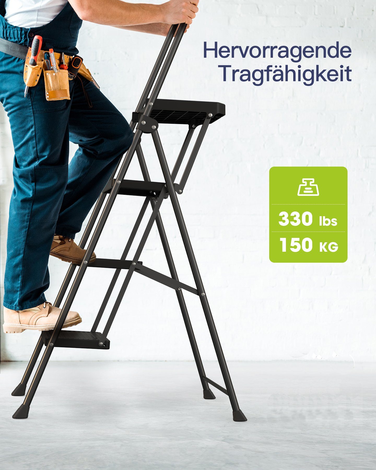 officelab Stehleiter »Trittleiter 3 Stufen aus Edelstahl, klappbar,  Traglast bis zu 150 kg, rutschfest, mit Werkzeugablage und Werkzeugtasche«  online kaufen | OTTO