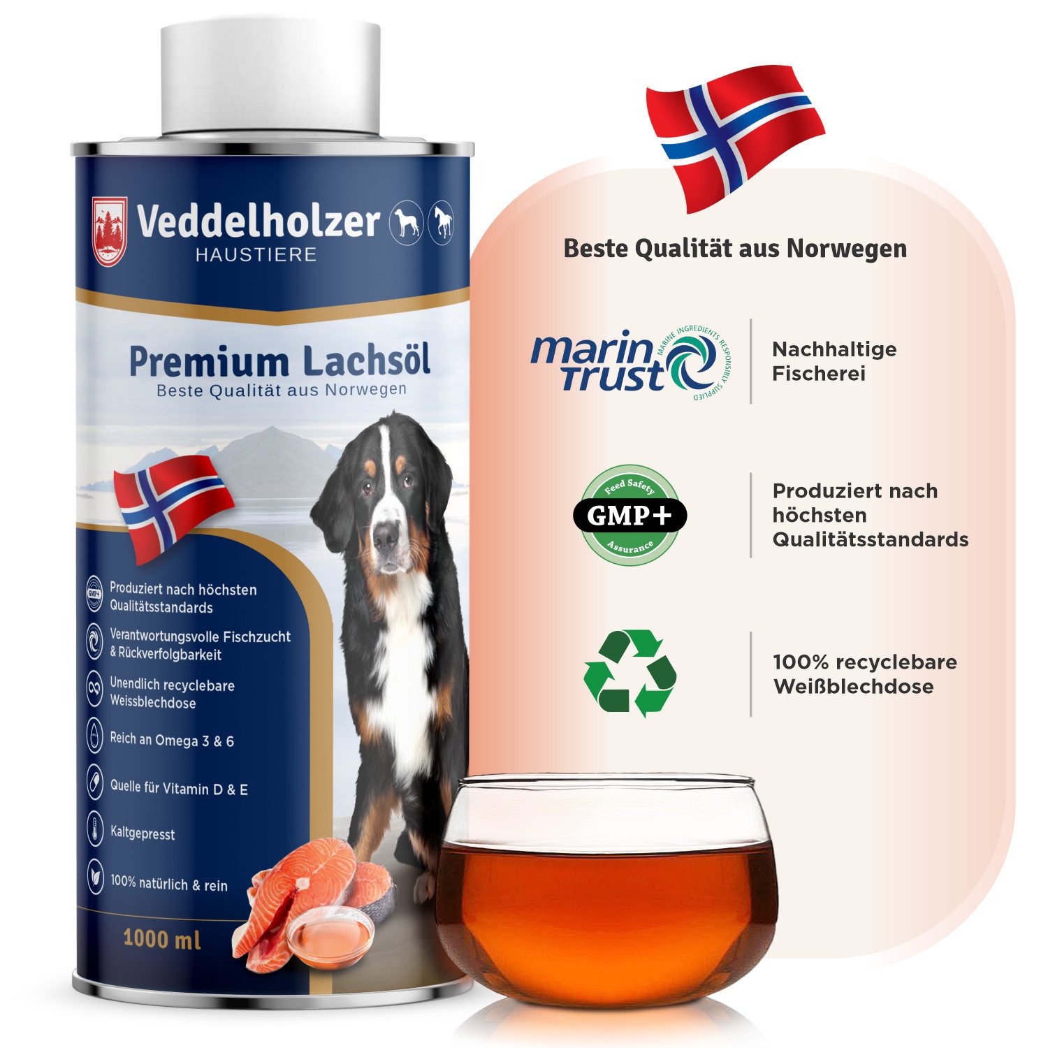 Veddelholzer Lachsöl für Hunde 1 Liter Ideale hochwertige Nahrungsergänzung, für: Hunde, Omega3 Fettsäuren & Vitamin E Nachhaltig Fischöl Hund Pferd & Umwelt