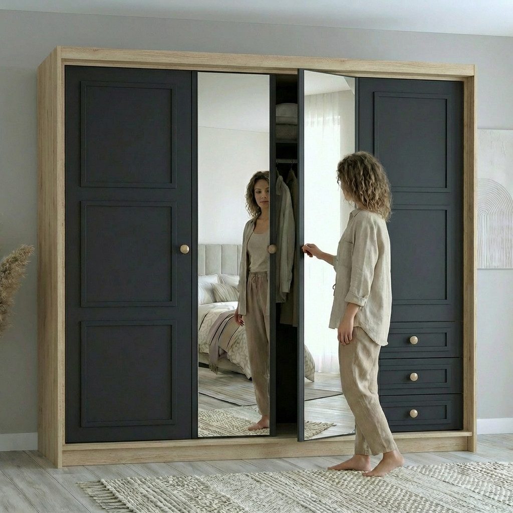 A&J MöbelLand GmbH Drehtürenschrank OSLO viertüriger Kleiderschrank mit Schubladen und Metallgriffen (Geräumiger viertüriger Kleiderschrank mit Schubladen und Metallgriffen. Geräumiger Schrank mit einer Breite von 200 cm und Schubladen, ideal zur Aufbewahrung von Kleidung und Accessoires. Viel Stauraum. TOP PRODUKT! Wählen Sie das ideale Modell für Ihr Schlafzimmer!, TOP ANGEBOT) Breite: 200 cm, Höhe: 215 cm, Tiefe: 59,5 cm