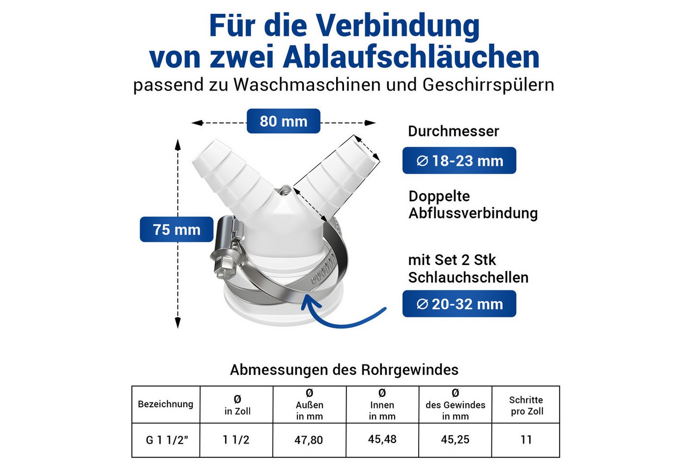 Thumbnail - VIOKS Schlauchverbinder Doppel-Schlauchanschluss 1 1/2 Zoll mit 2 Schlauchschellen 20-32mmØ, für Ablaufschlauch Waschmas...