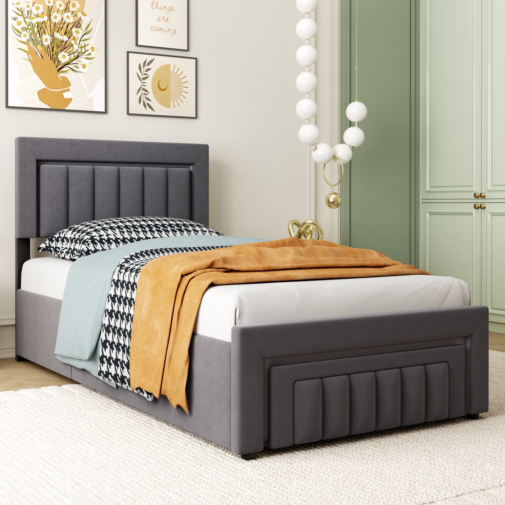 HAUSS SPOLE Polsterbett als Einzelbett und Doppelbett erhältlich,Stauraumbett mit Schubladen (90×190 Einzelbett Boxspringbett Jugendbett mit Stauraum und Lattenrostkonstruktion), Bettrahmen ohne Matratze mit gepolstertes Kopfteil für Schlafzimmer
