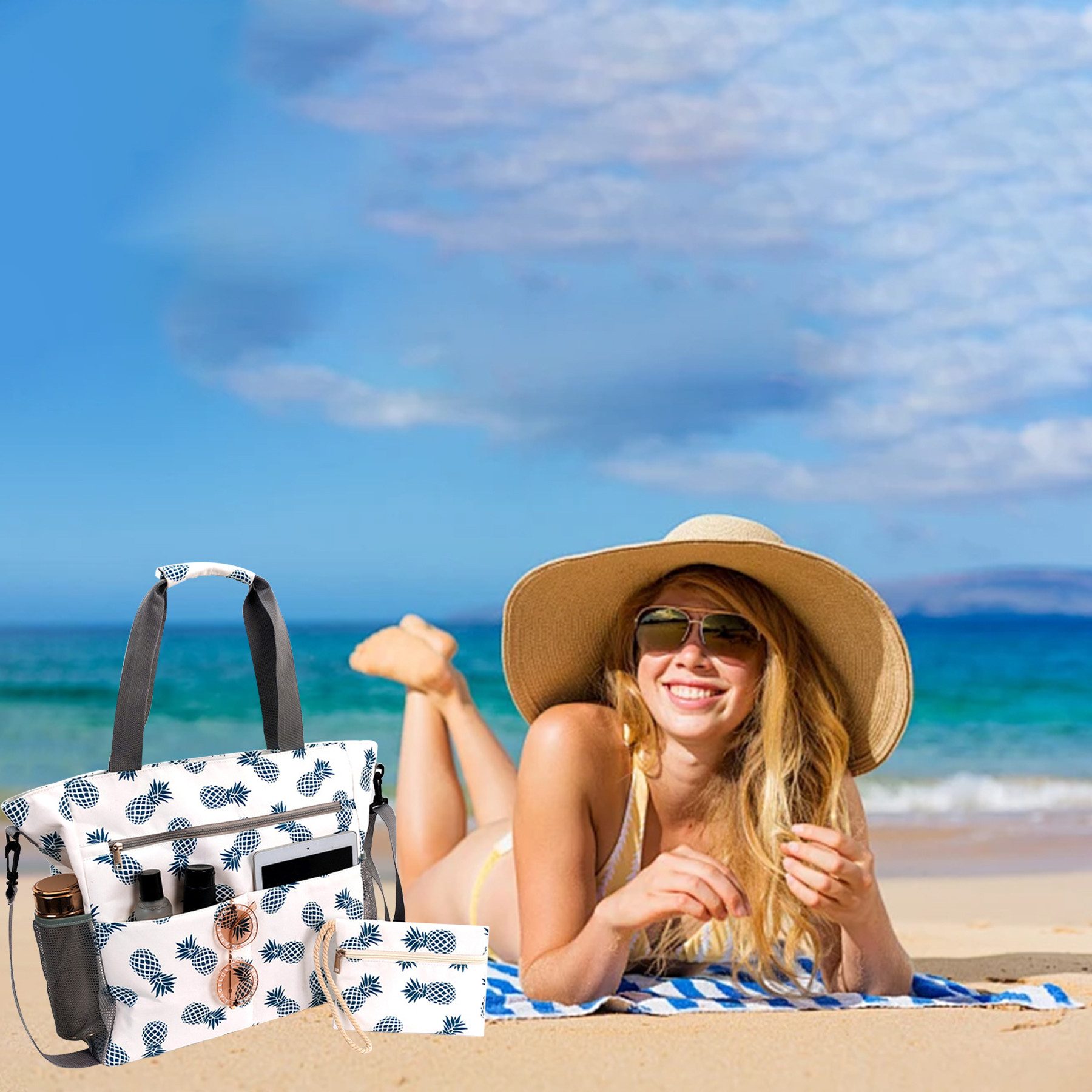 Mutig Strandtasche Große Strandtasche Damen mit Reißverschluss, Familie mit Kühlfach (Große Wasserdichte Strandtasche Damen, Shopper Tasche Handtasche Damen, XX – Bild 5 von 5