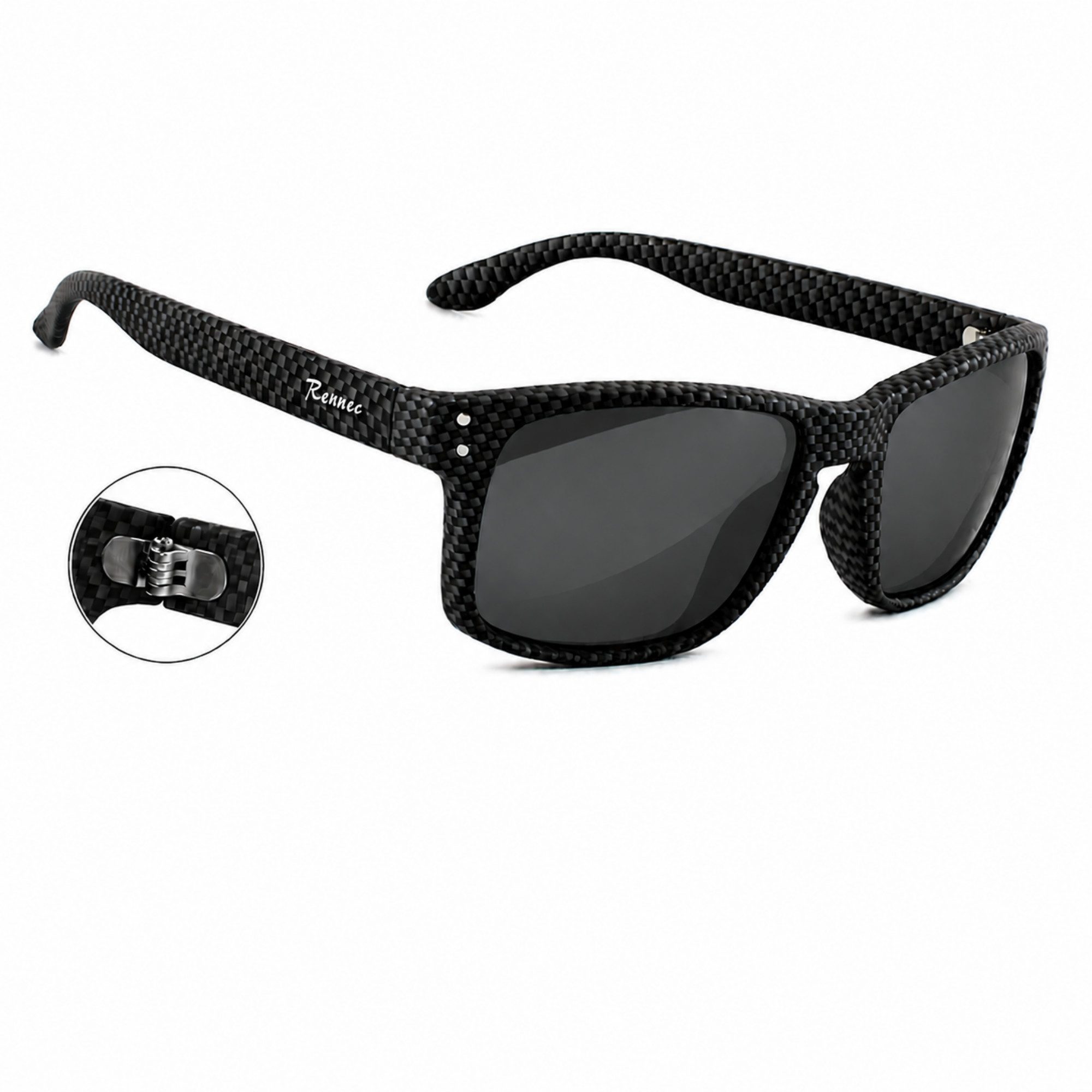 Rennec Sonnenbrille Rechteckig Herren Carbon Optik Schwarz Motorsportbrille 3in2 Edelstahl Bügelgelenke, UV400 Gläser Schwarz, Markenbrille