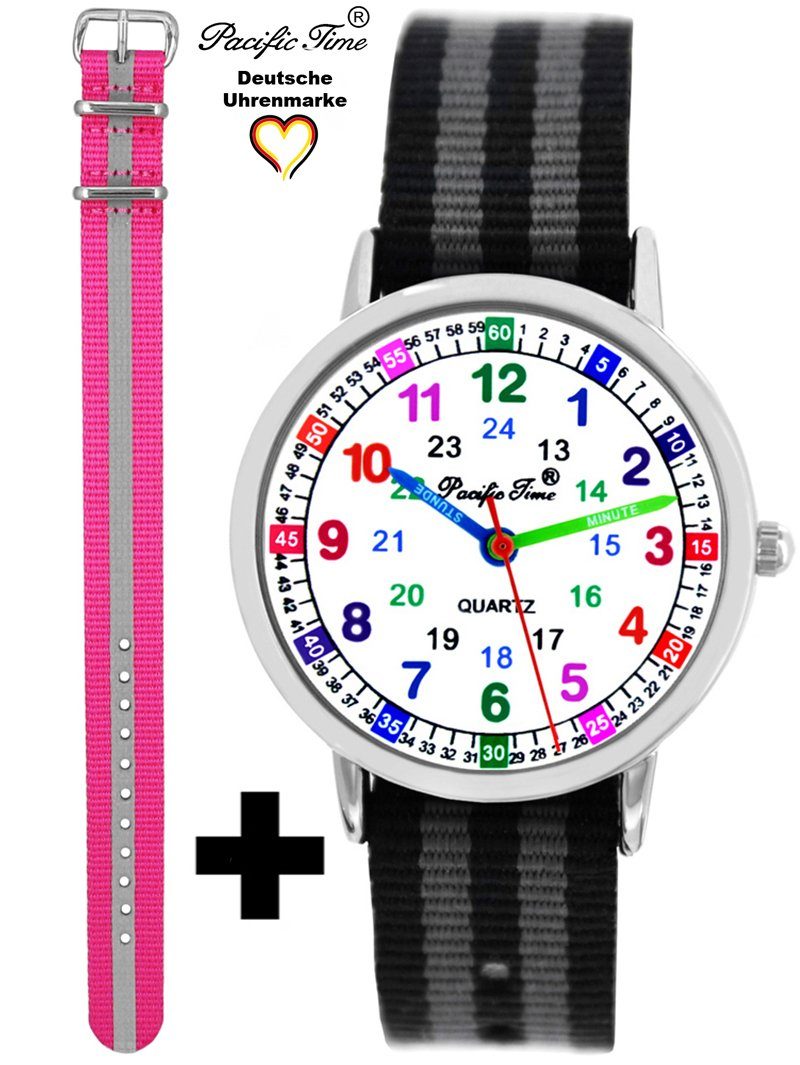 Pacific Time Quarzuhr Set Kinder Armbanduhr Lernuhr Wechselarmband, Mix und Match Design - Gratis Versand schwarz grau gestreift und Reflektor pink