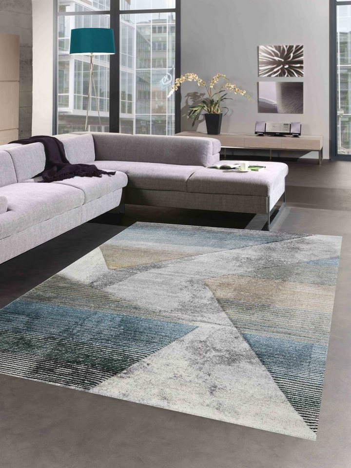 Teppich Abstrakter Teppich Wohnzimmer modernes gestreiftes Muster gold blau  grau - pflegeleicht, Carpetia, rechteckig, Höhe: 13 mm