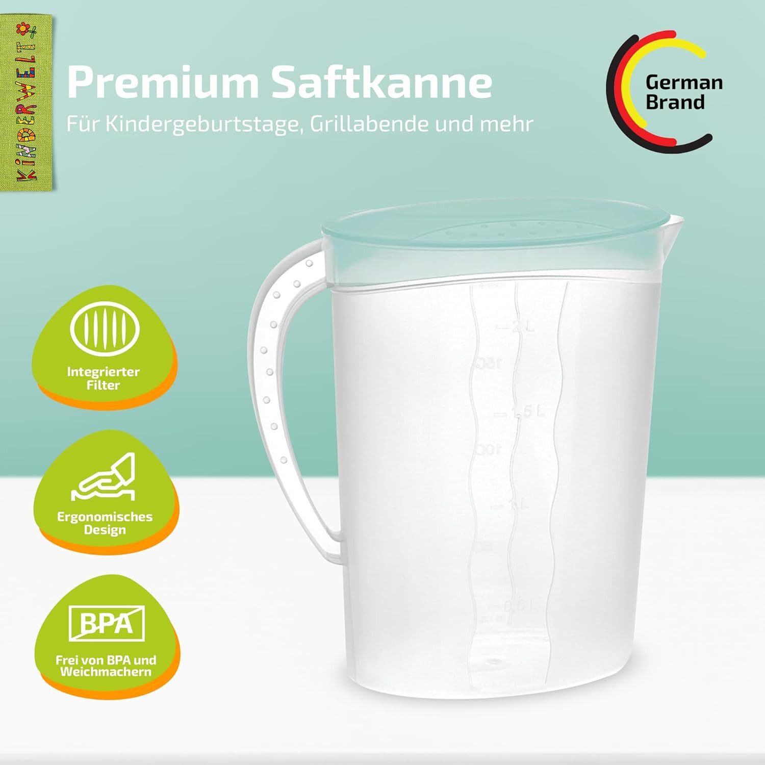 KiNDERWELT Wasserkaraffe Premium Saftkanne 2 Liter mit Deckel Maßeinteilung
