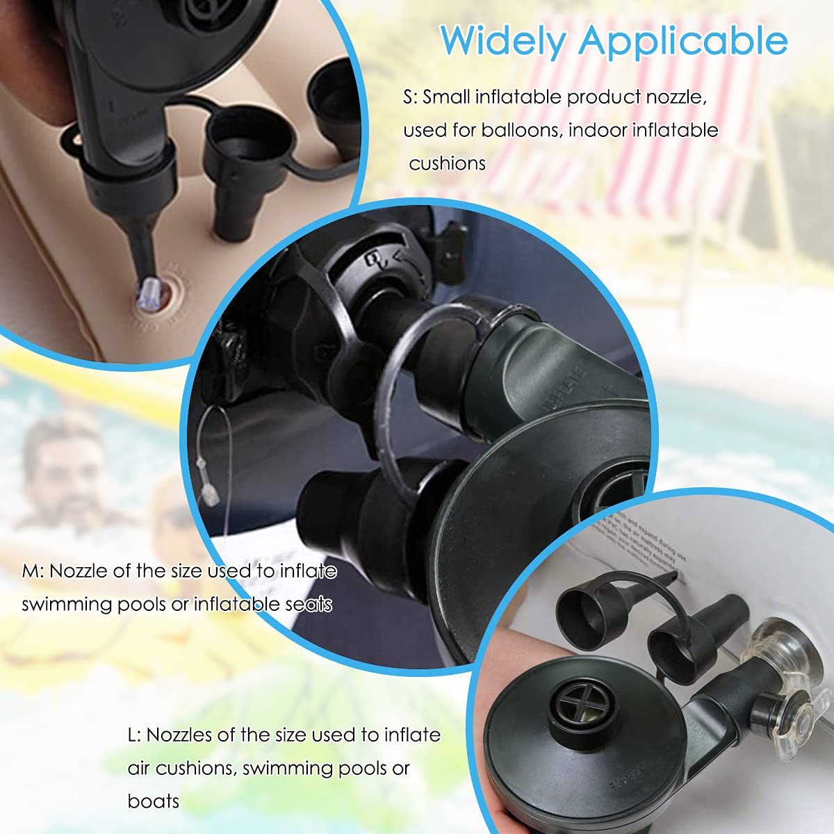 BlingBin Luftpumpe 240V Elektropumpe Aufblaspumpe mit 3 Luftdüse für Zuhause und Auto (1er Set, 4-tlg., 4 Stück), 2 in 1 Inflate und Deflate Elektrische Pumpe, für aufblasbare Matratze