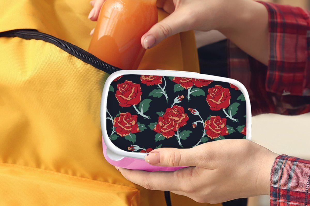 - für Snackbox, Kinder, Mädchen, Erwachsene, Blume Muster Kunststoff, Rot, rosa Brotbox Brotdose Rosen MuchoWow (2-tlg), - Kunststoff - Lunchbox
