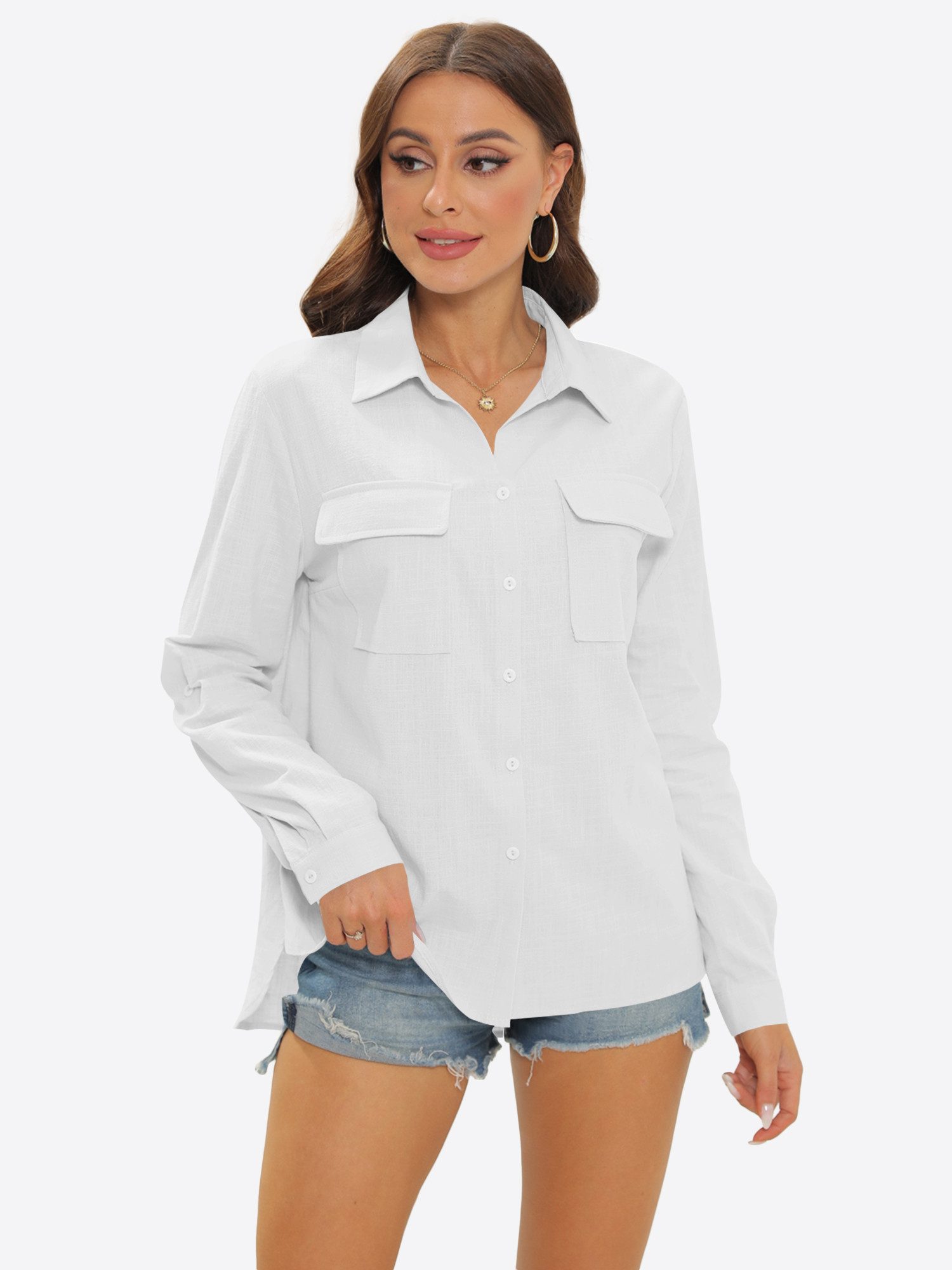 Langarmshirt Damen Hemd mit gerollten Ärmeln