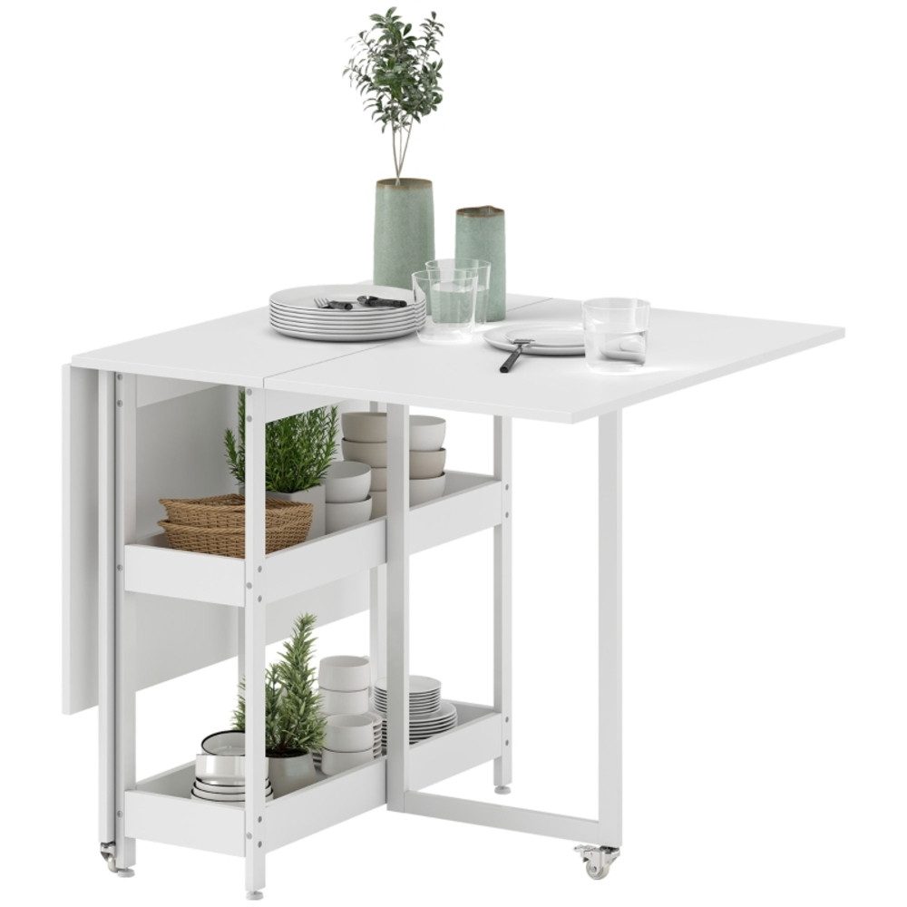 MODFU Esstisch Klapp‑Esszimmertisch 133,4×80×75 cm mit offenen Ablagen (Weiß, Platzsparender Küchentisch, 1-St., für bis zu 4 Personen mit beweglichem Design), Vielseitige Tischlösung für kompakte Küchen‑ und Essbereiche