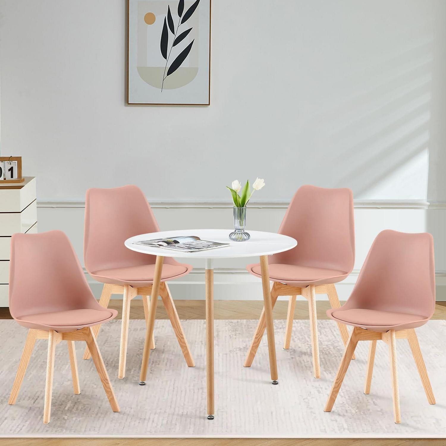 LuxusKollektion Esstisch Esstisch 80cm rund 4 Stühle Rosa Weiß Weiß Tisch-3 Beine 4 Rosa Stühle