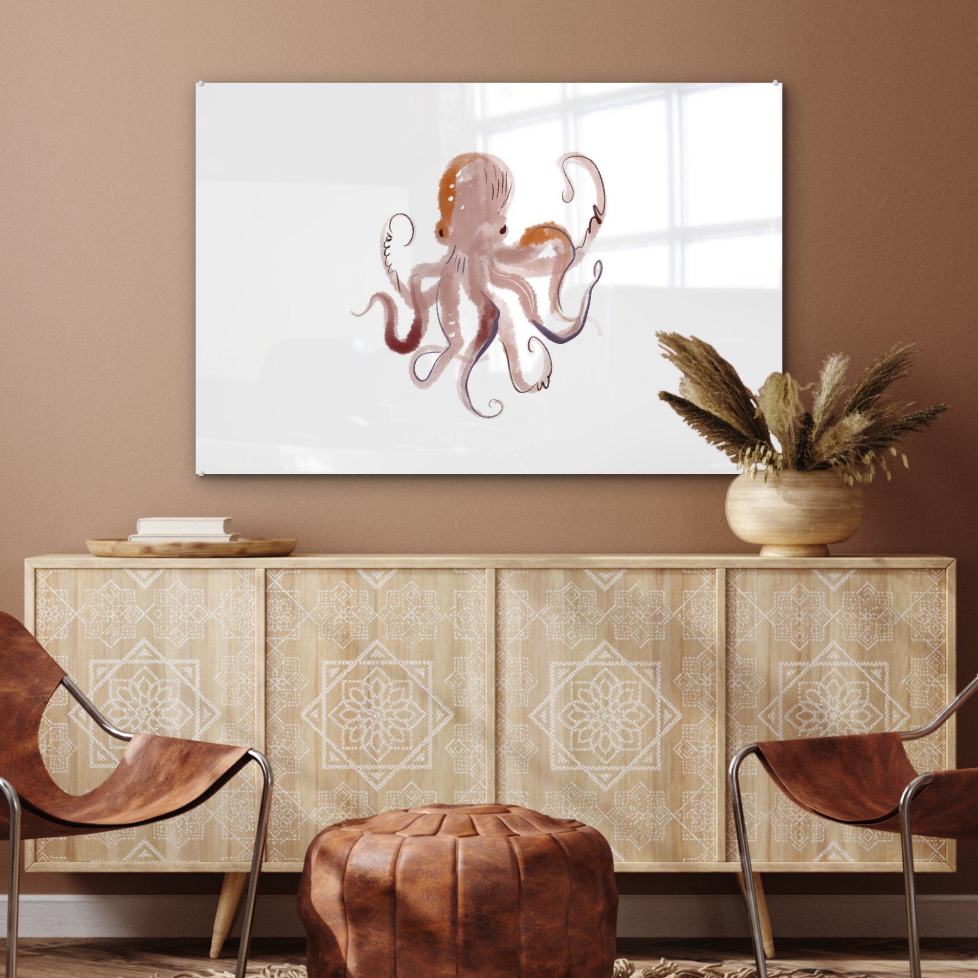 Oktopus Wohnzimmer Meerestiere - Weiß - Acrylglasbild & - St), MuchoWow Schlafzimmer Acrylglasbilder (1 Aquarell,