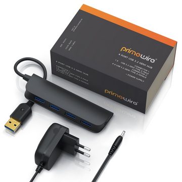 Primewire USB-Adapter, aktiver 4Port USB 3.2 Gen1 Hub Verteiler mit Netzteil, transportabel