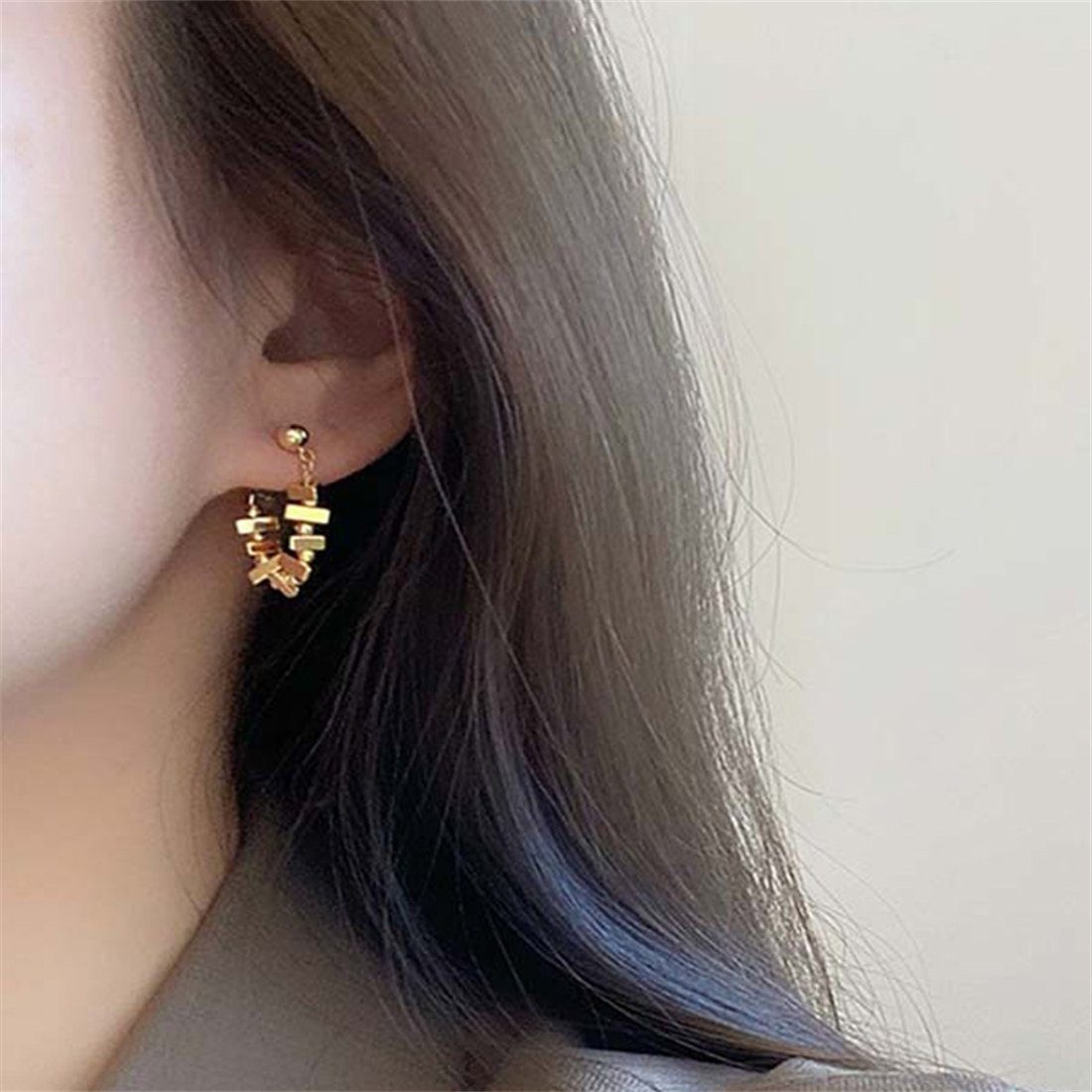 YOOdy~ Paar Ohrhänger Damen Mode, kleinkarrierte Ohrringe, Gold Silberfragment Design (1-tlg), raffinierte doppelseitiges Tragen, Metallketten Stil, vergoldet