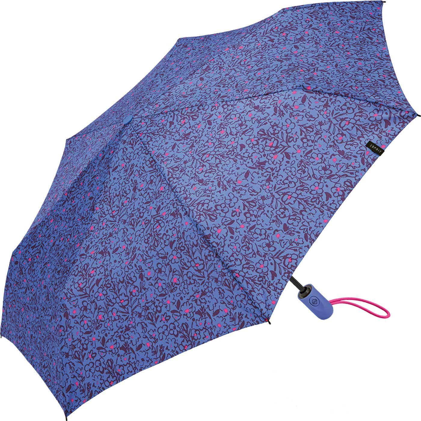 Esprit Taschenregenschirm Easymatic Light Automatik Romance, mit Scribbled Blüten-Muster romantischem Auf-Zu blau