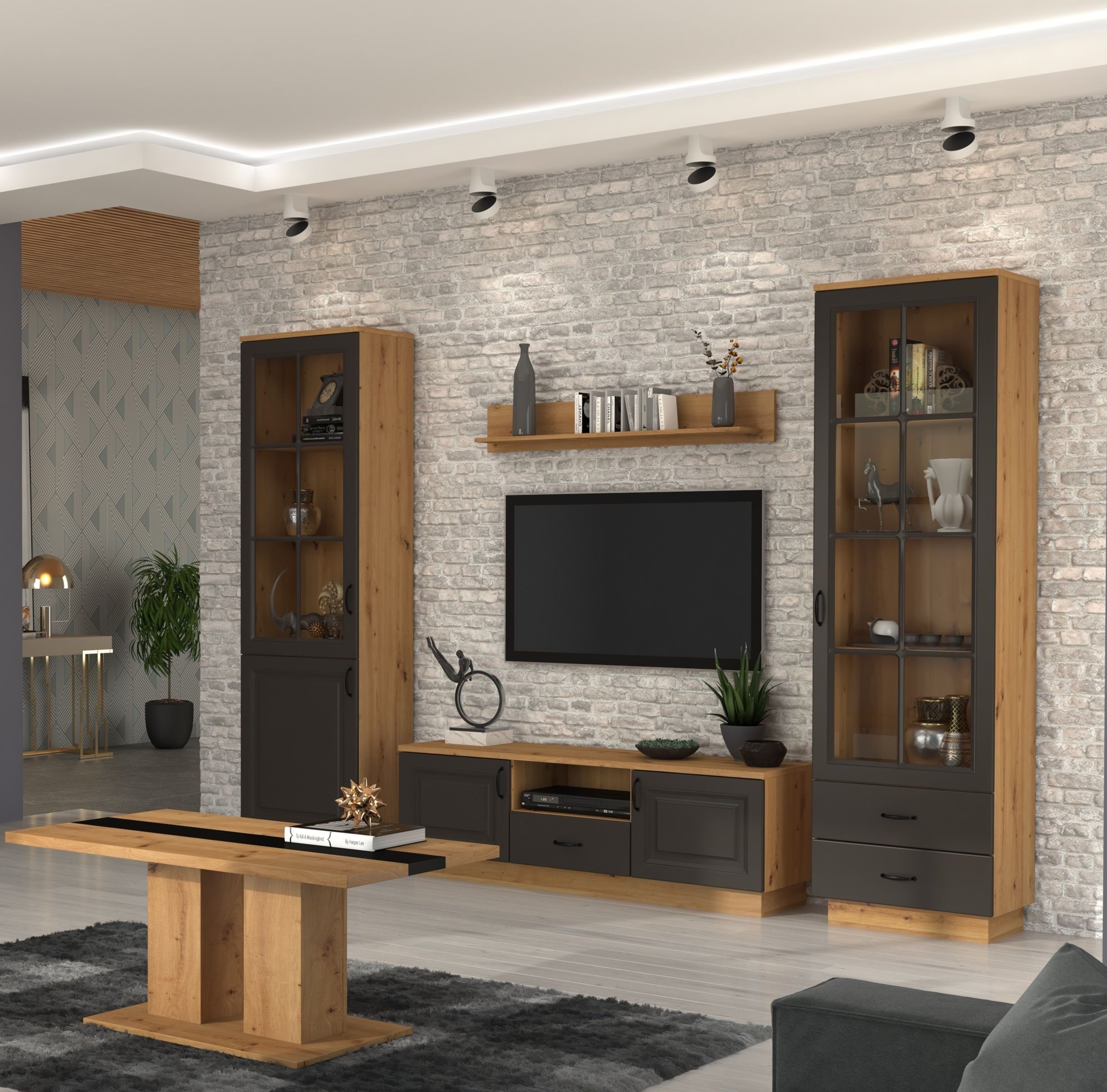 Küchen-Preisbombe Wohnwand Stilo 270 cm Mediawand Wohnzimmer Landhaus Grau Eiche Artisan Buffet, (4-St)