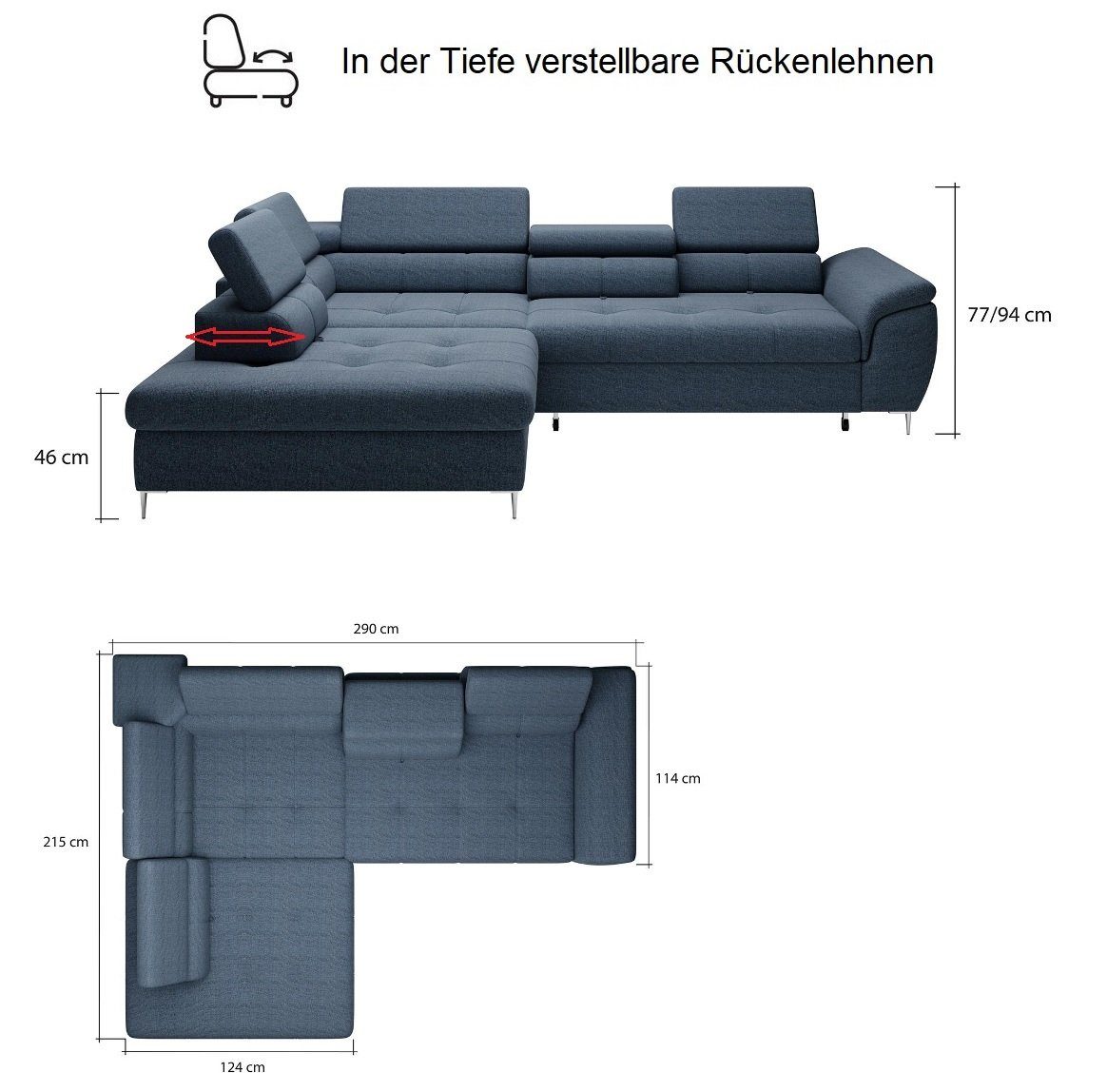 Sofa blau, und Empona Bettkasten, mit L verstellbar Dreams Ecksofa Form Kopfstützen Stauraum, Rücken