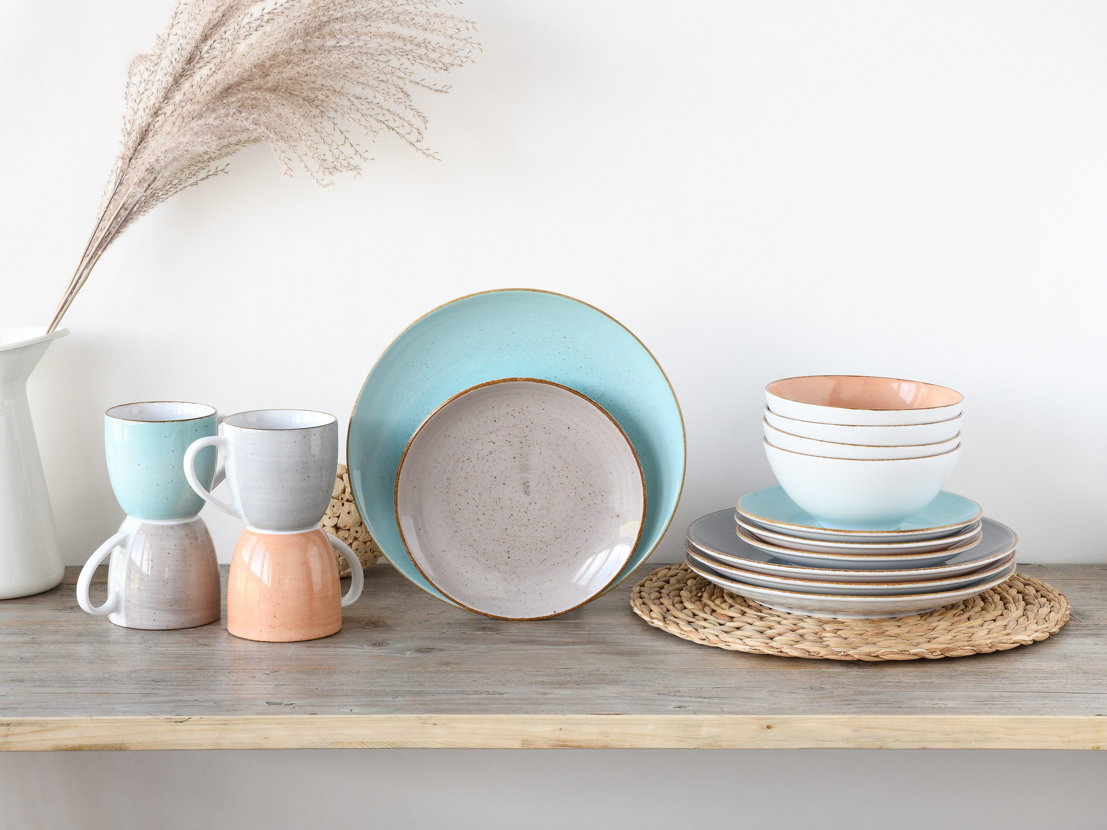 CreaTable Kombiservice Geschirr-Set VINTAGE NATURE (16-tlg), 4 Personen, Porzellan, Service, handgemalt, gesprenkelt, 16 Teile, für 4 Personen