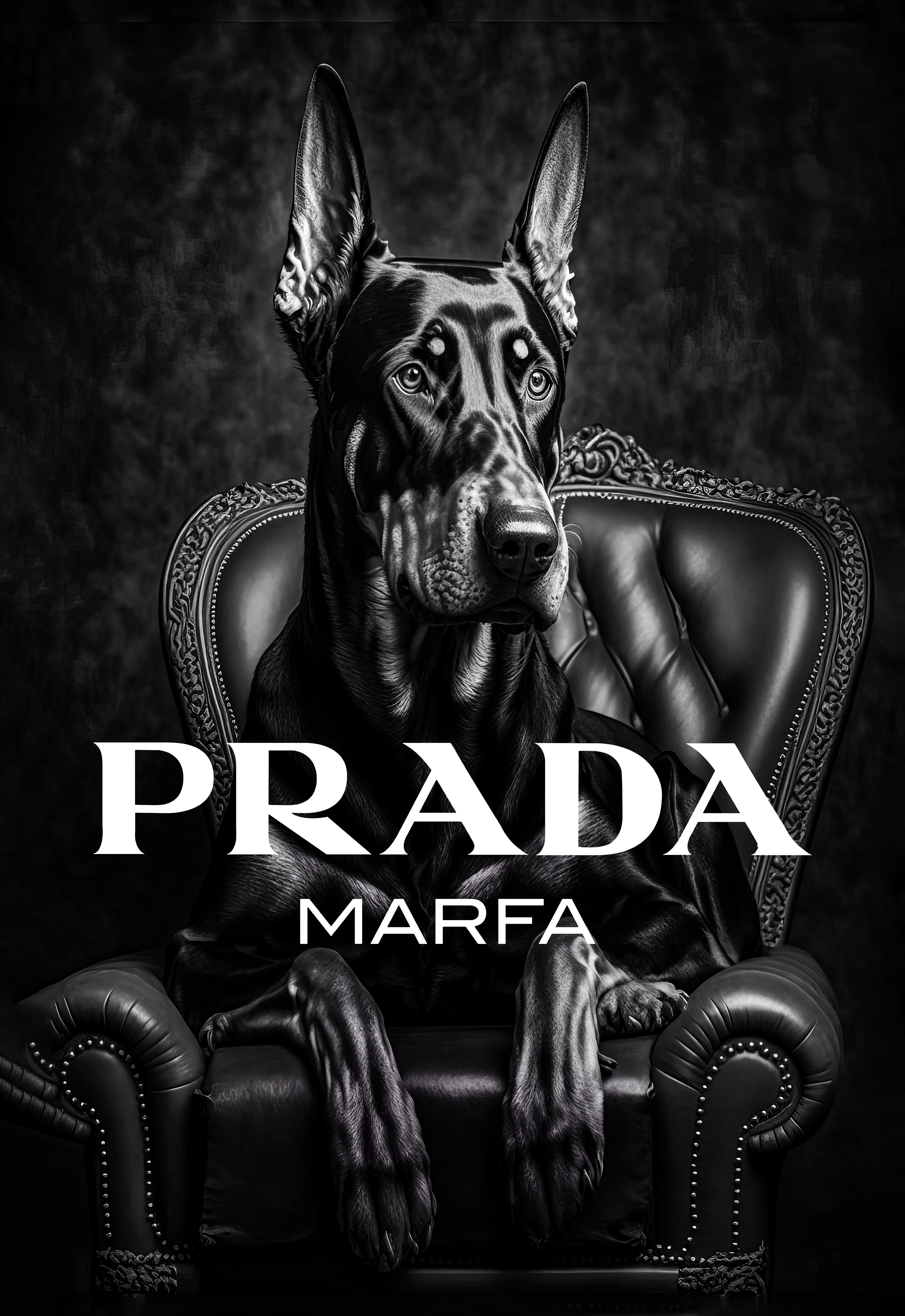 Affengeilebilder Poster Kunstdruck "Confident Prada by Adrian Vieriu" Prada Marfa, Prada Dobermann, Premium schwarz-weiß Fotografie Prada und Dobermann
