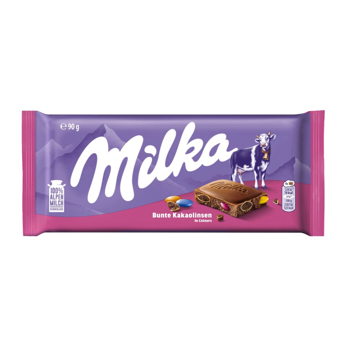 MILKA Schokolade, Milka Bunte Kakaolinsen Alpenmilchschokoladentafel Packung 90g