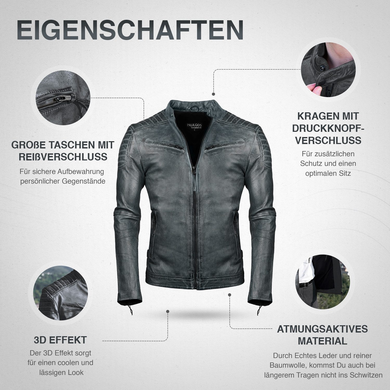 PAULGOS Lederjacke Herren Jacke Übergangsjacke Biker Look 100% Echtleder D1 günstig online kaufen
