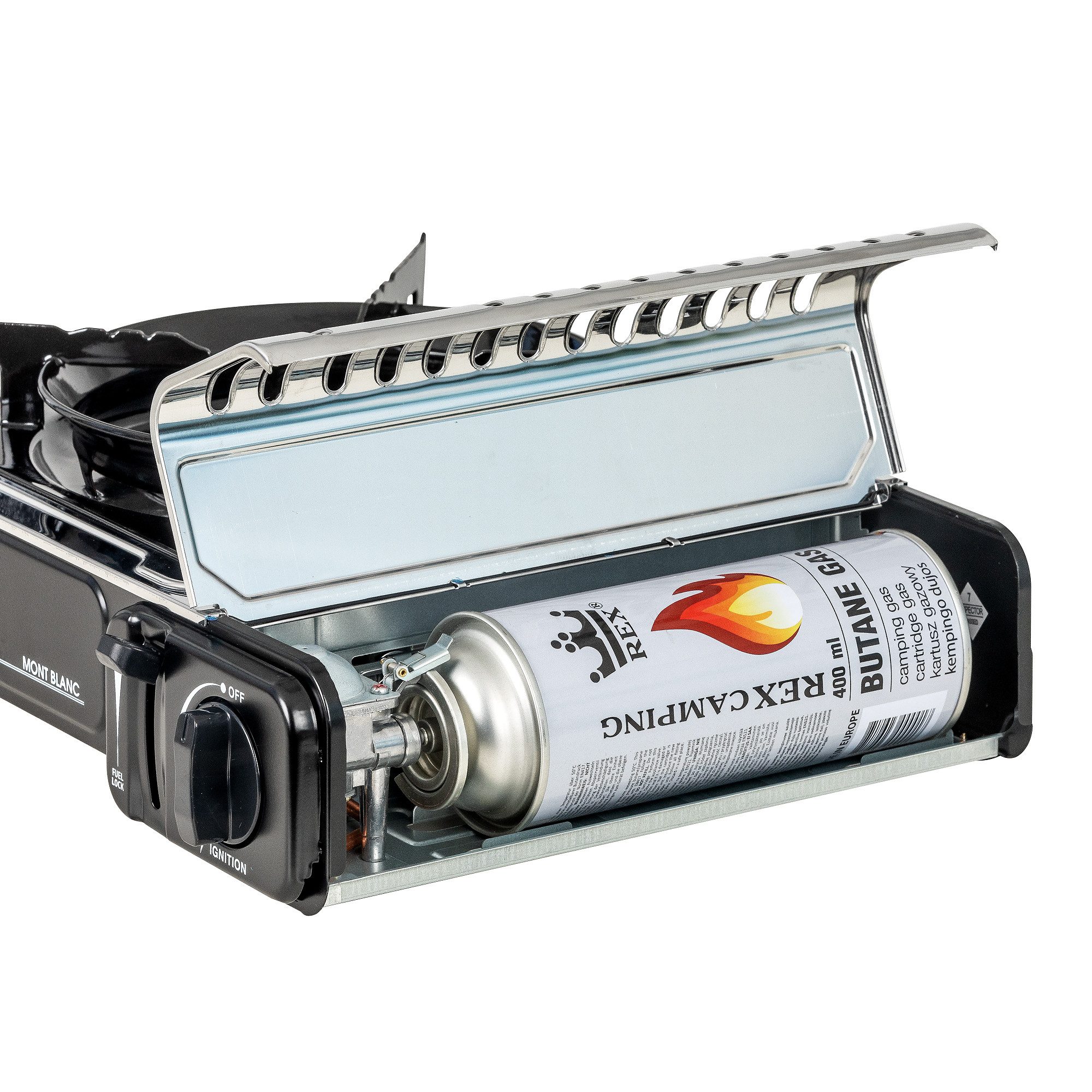 Mianova Camping-Gasgrill 1 flammig Campingkocher Gaskocher + 4 Gasflaschen + Grillplatte Koffer, Gas Gaskocher Gaskartuschen BBQ Barbecue Campingherd Stromausfall Notkocher Grillplatte Herd Tischgrill, Outdoor Camping Notfallkocher Outdoor Grill Notfall für Kartuschen